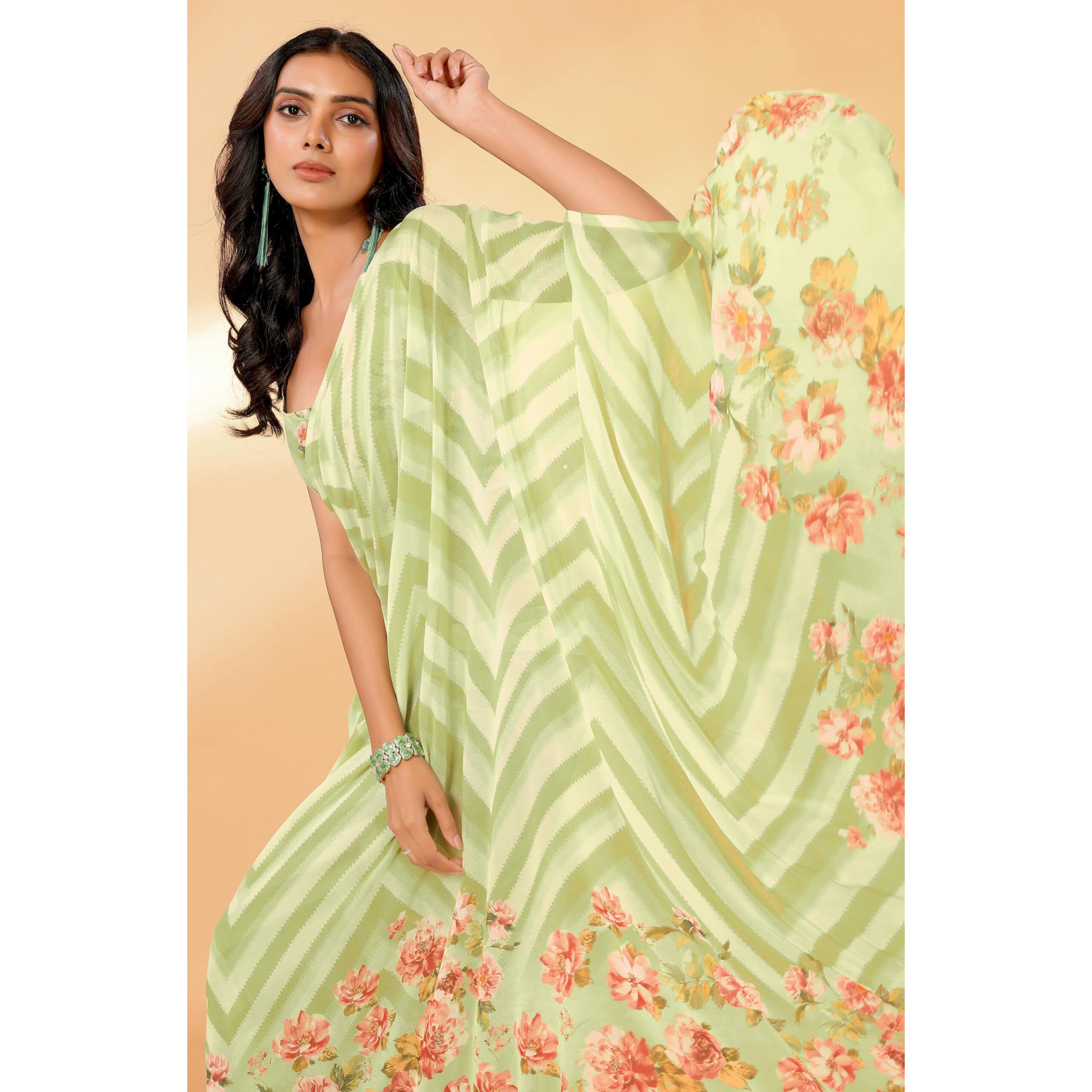 Janasya Women's Light Green Georgette Floral Printed Saree with Blouse Piece (SAR425-J)