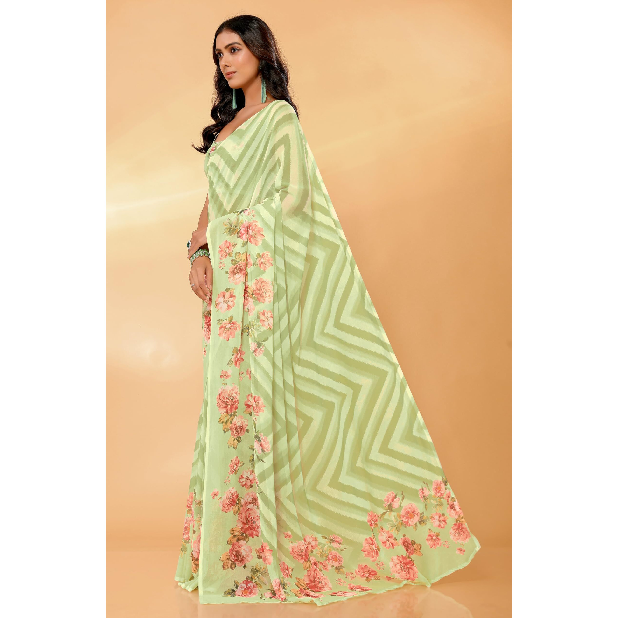 Janasya Women's Light Green Georgette Floral Printed Saree with Blouse Piece (SAR425-J)