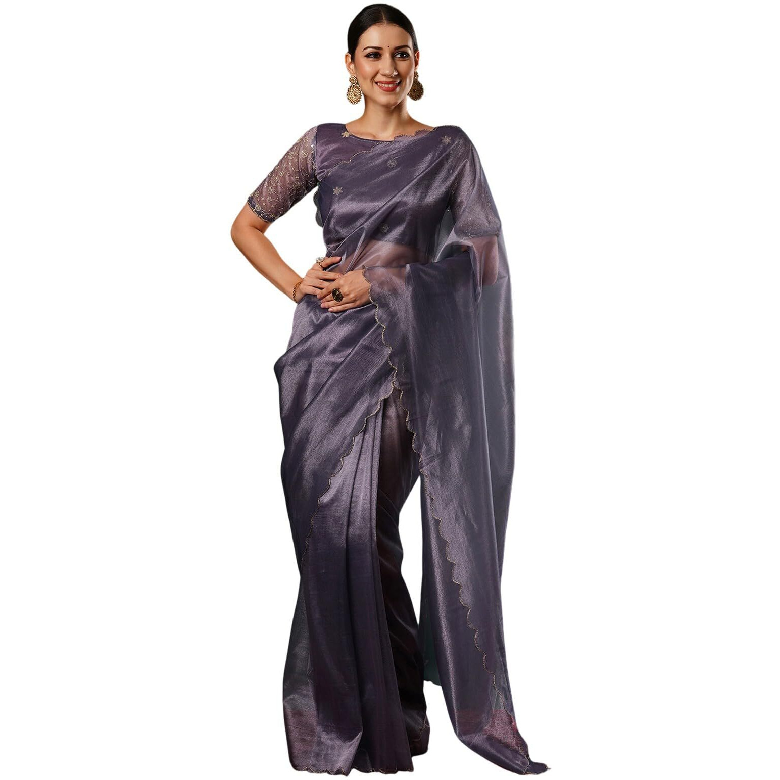Satrani Women's Shimmer Net Embroidery And Scalloped Border Saree with Unstitched Blouse Piece (3899S446N_Mauve)