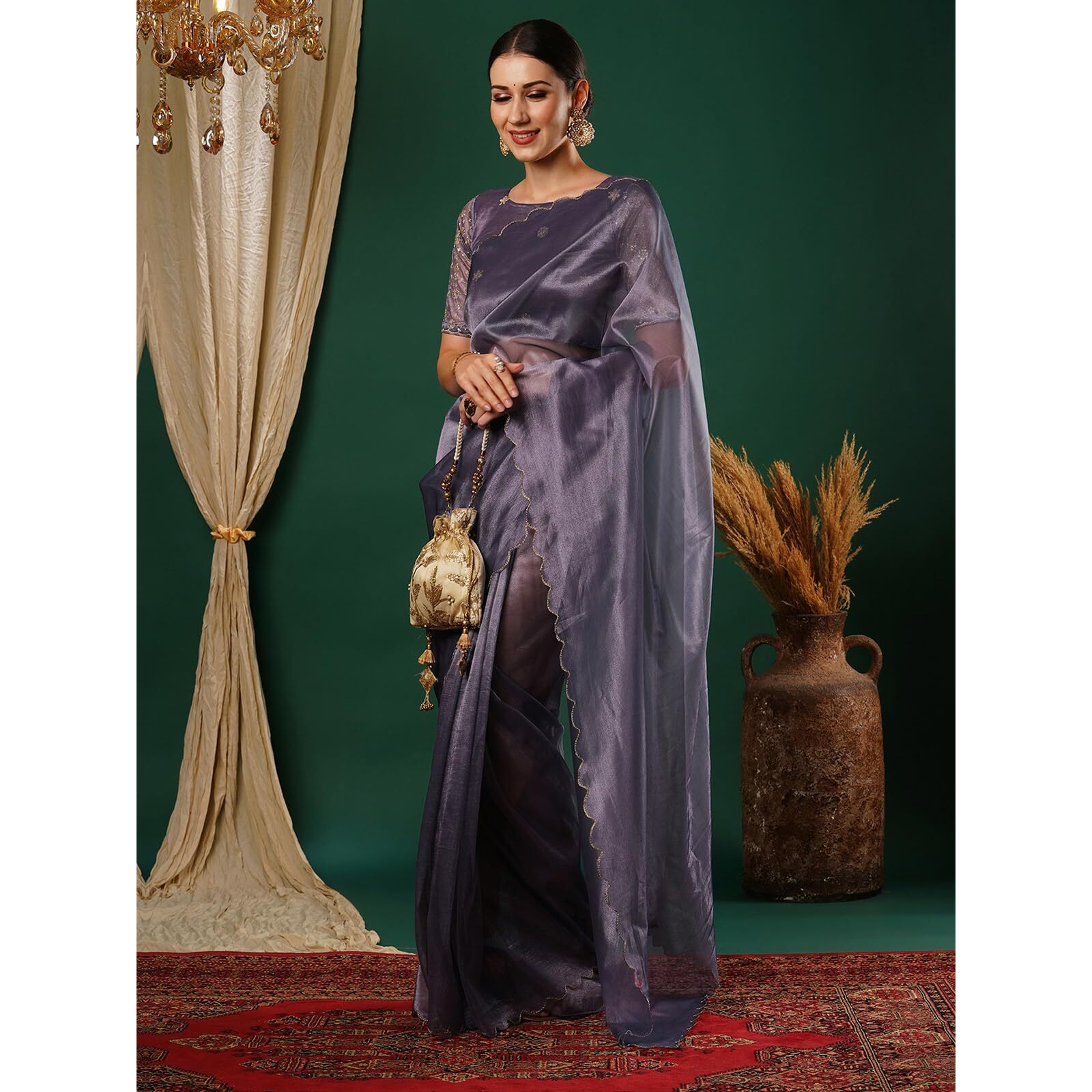 Satrani Women's Shimmer Net Embroidery And Scalloped Border Saree with Unstitched Blouse Piece (3899S446N_Mauve)