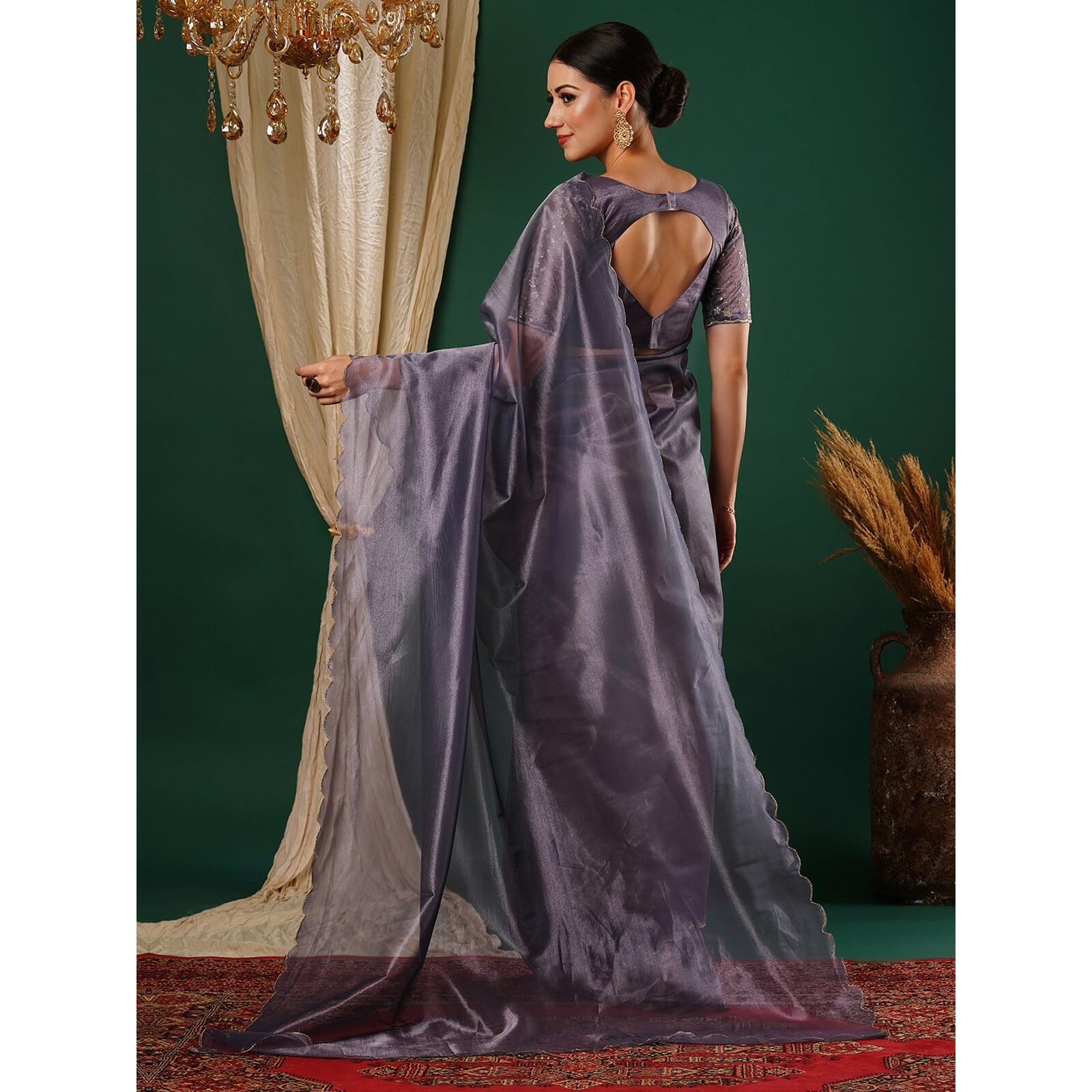 Satrani Women's Shimmer Net Embroidery And Scalloped Border Saree with Unstitched Blouse Piece (3899S446N_Mauve)