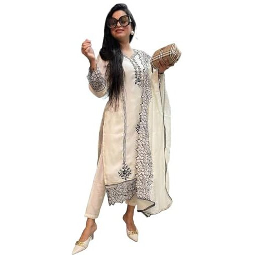 ANNI DESIGNER Women's Rayon Blend Straight Embroidered Kurta with Pant & Dupatta (TRP Off-White-NM_5XL_White_XXXXX-Large)