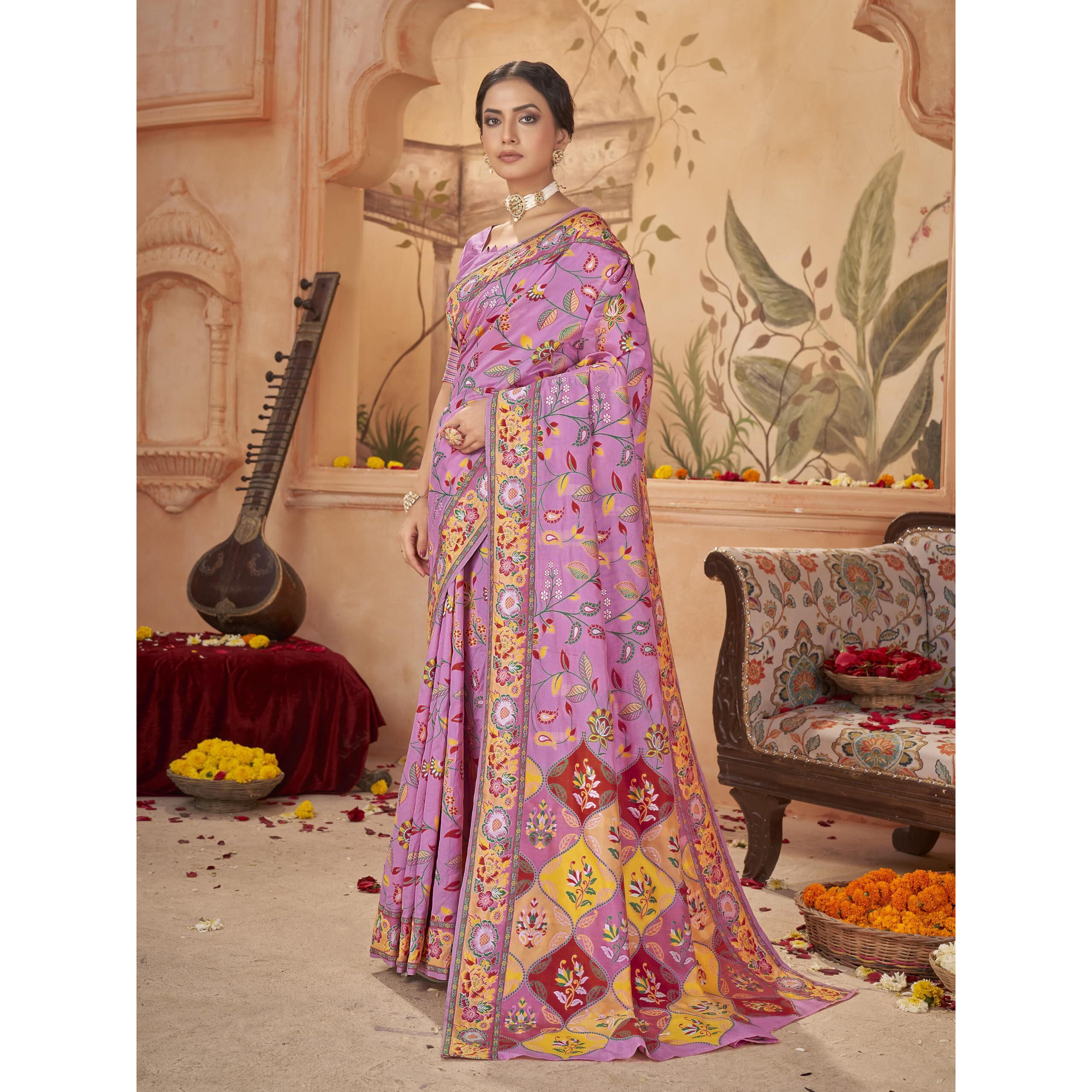 Glory Sarees Women's Kashmiri Pashmina Silk Woven Saree With Blouse Piece (Heritage_Silk112_Pink)