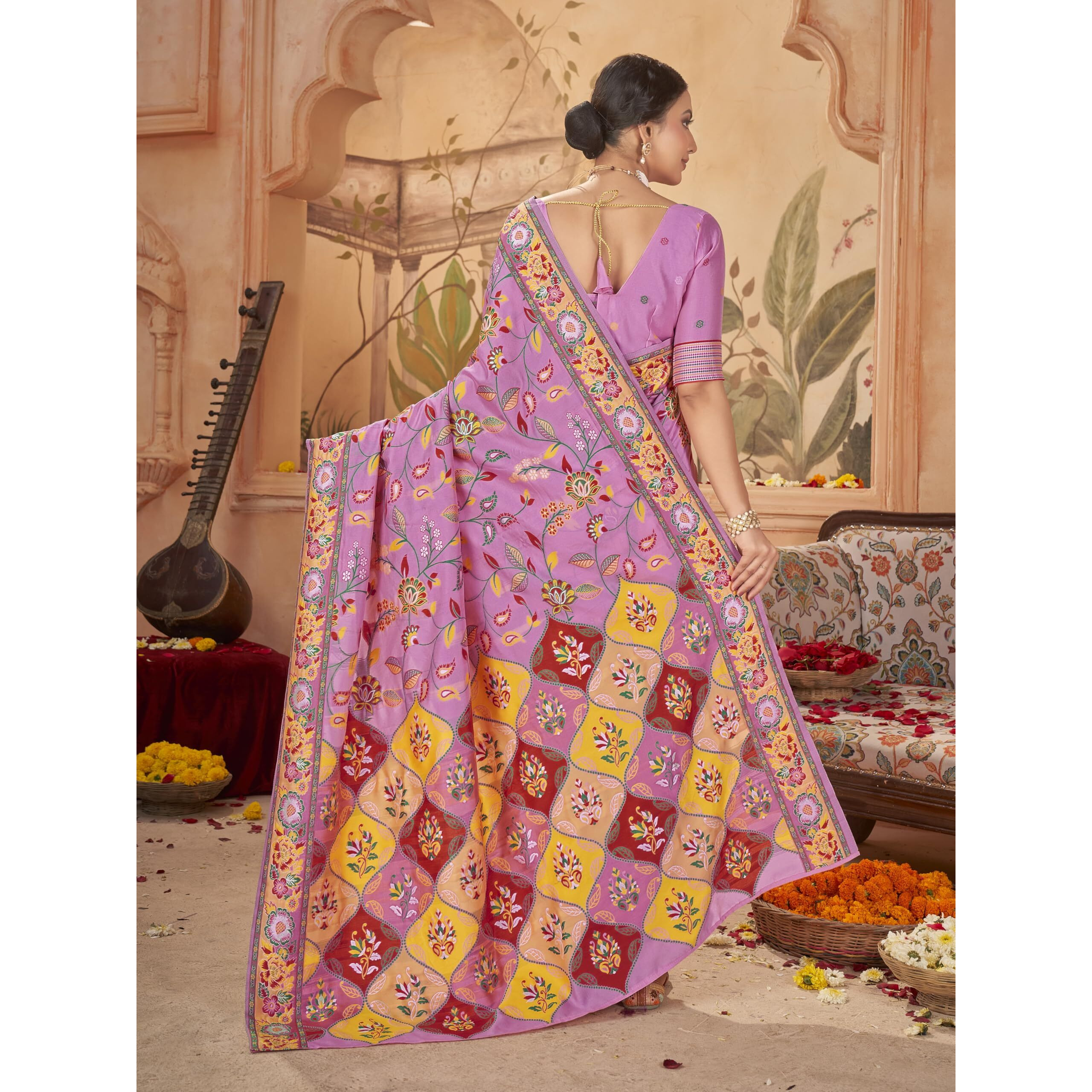 Glory Sarees Women's Kashmiri Pashmina Silk Woven Saree With Blouse Piece (Heritage_Silk112_Pink)