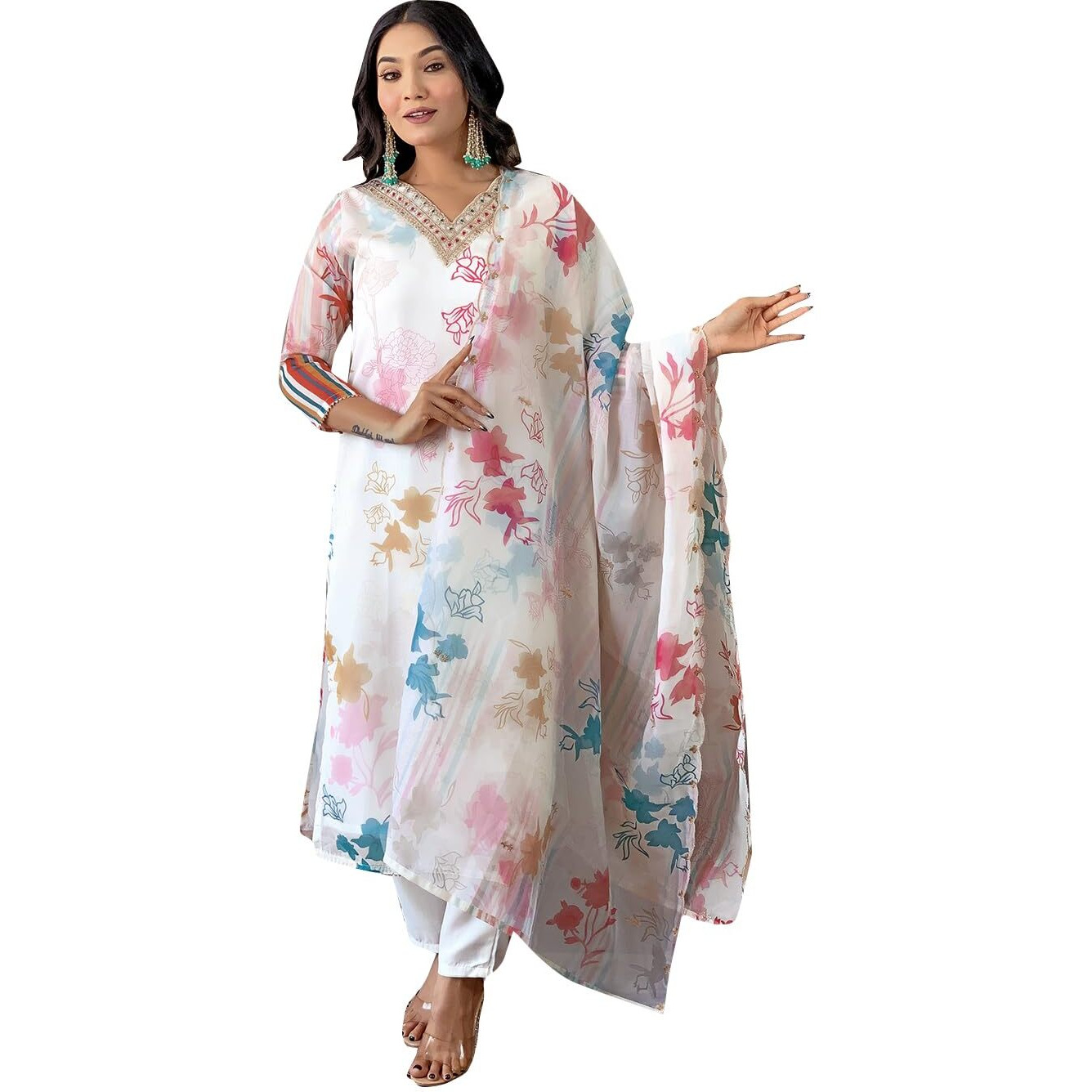 Naixa Women's Cream Organza with Cotton Lining Embroidered and Printed Straight Kurta with Rayon Pant and Organza Printed Dupatta Sets (NK-433-Cream-M)