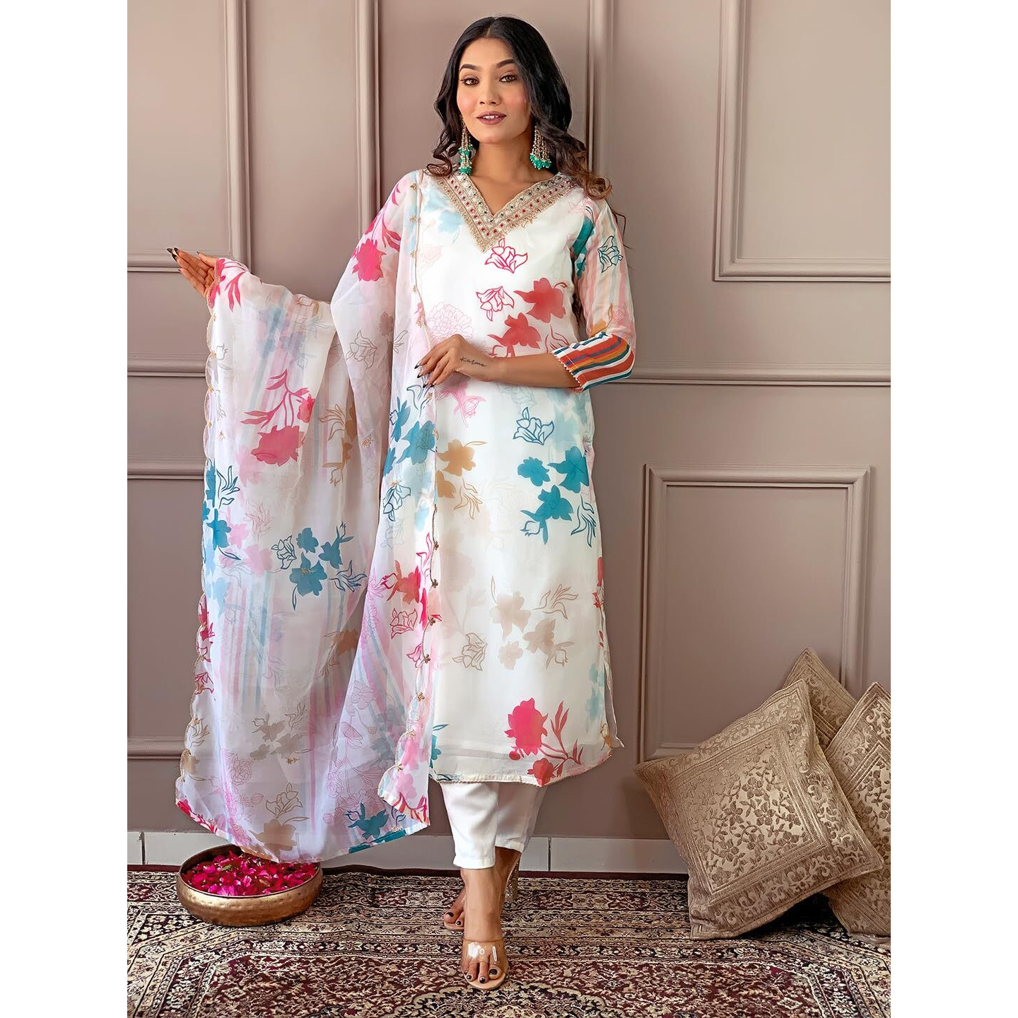 Naixa Women's Cream Organza with Cotton Lining Embroidered and Printed Straight Kurta with Rayon Pant and Organza Printed Dupatta Sets (NK-433-Cream-M)