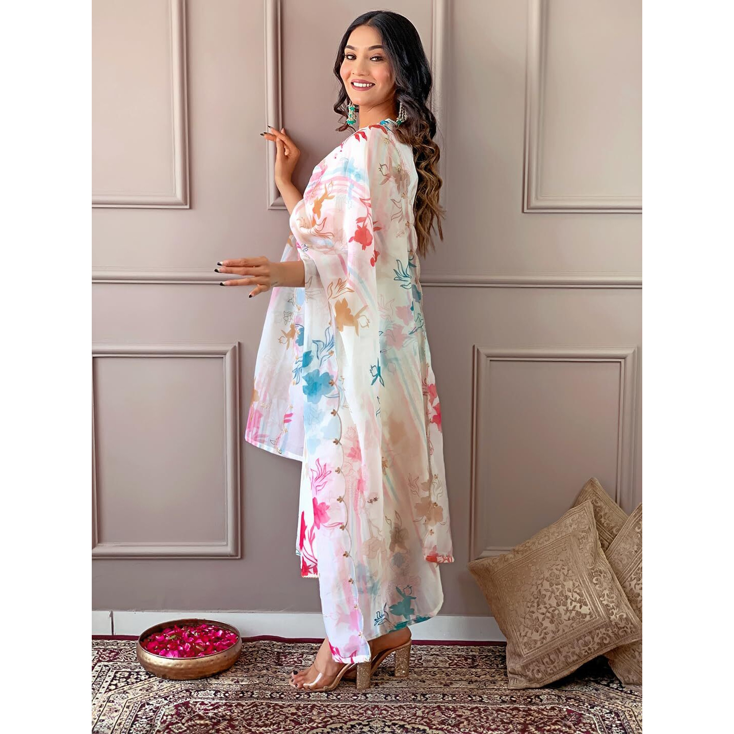 Naixa Women's Cream Organza with Cotton Lining Embroidered and Printed Straight Kurta with Rayon Pant and Organza Printed Dupatta Sets (NK-433-Cream-M)