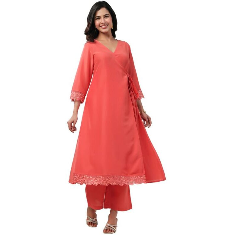 Janasya Women's Peach Muslin Self Design Angrakha Kurta Set(JAA24ST00134-XS)