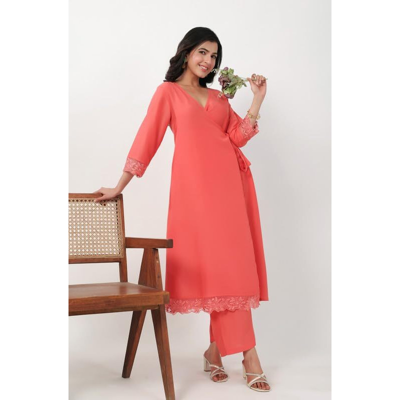 Janasya Women's Peach Muslin Self Design Angrakha Kurta Set(JAA24ST00134-XS)