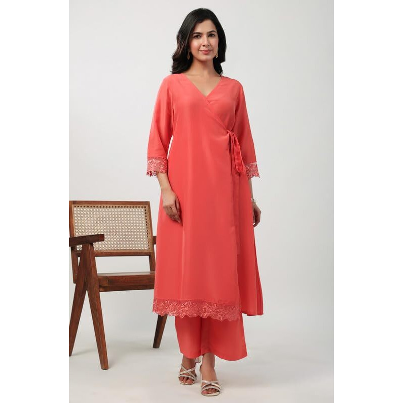 Janasya Women's Peach Muslin Self Design Angrakha Kurta Set(JAA24ST00134-XS)