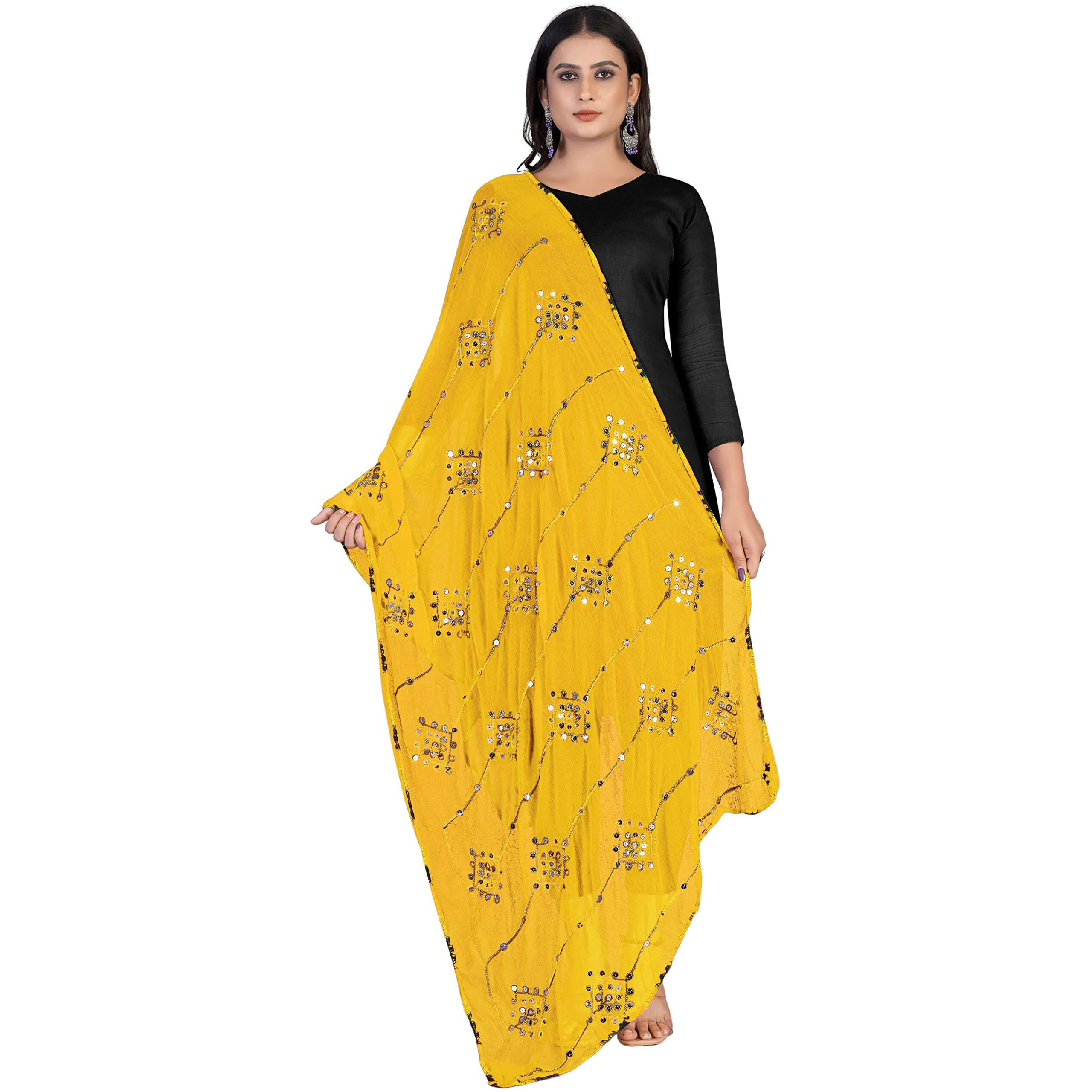 KEMZA Women's Embroidered Mirror Work Chiffon Dupatta (Yellow_Free size)