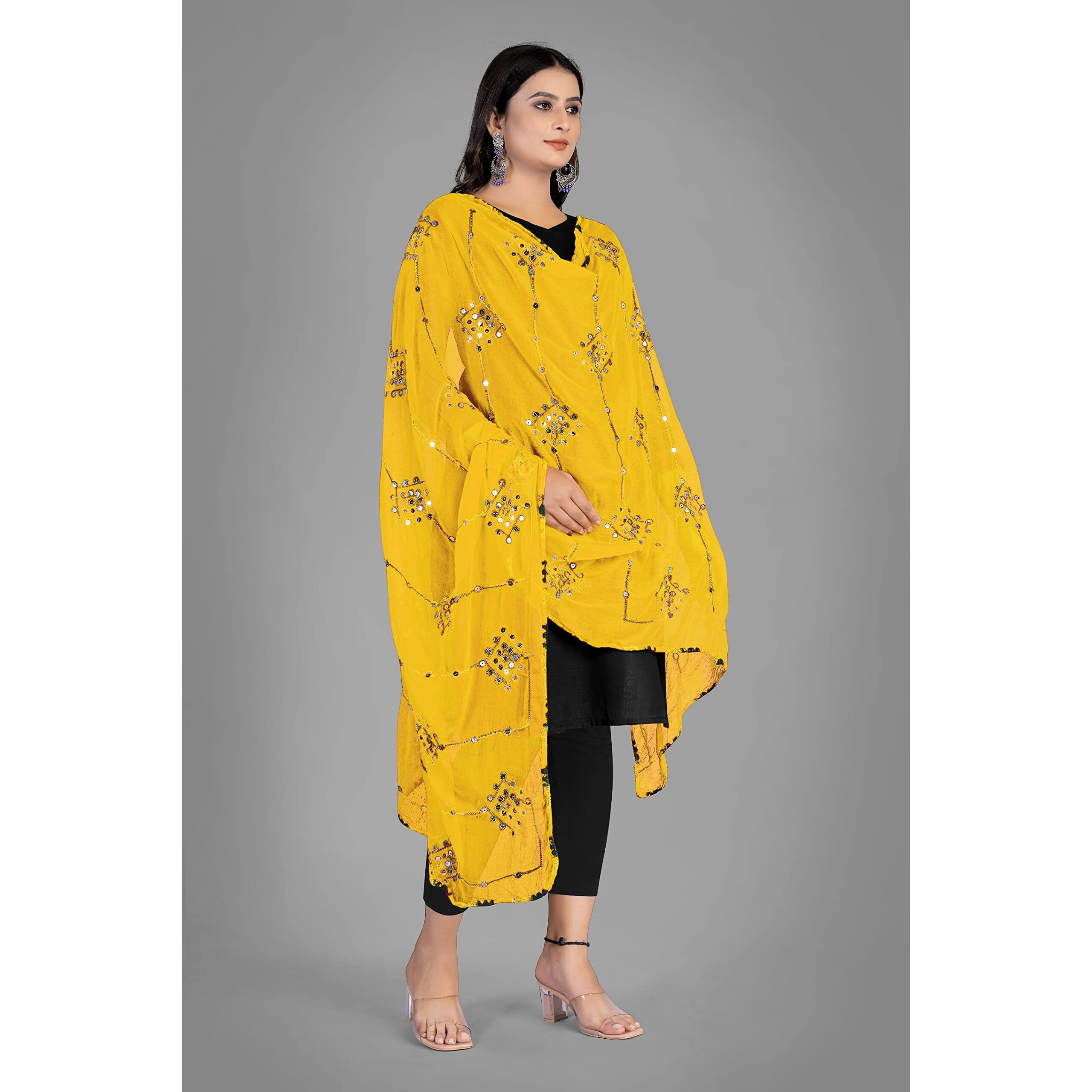KEMZA Women's Embroidered Mirror Work Chiffon Dupatta (Yellow_Free size)