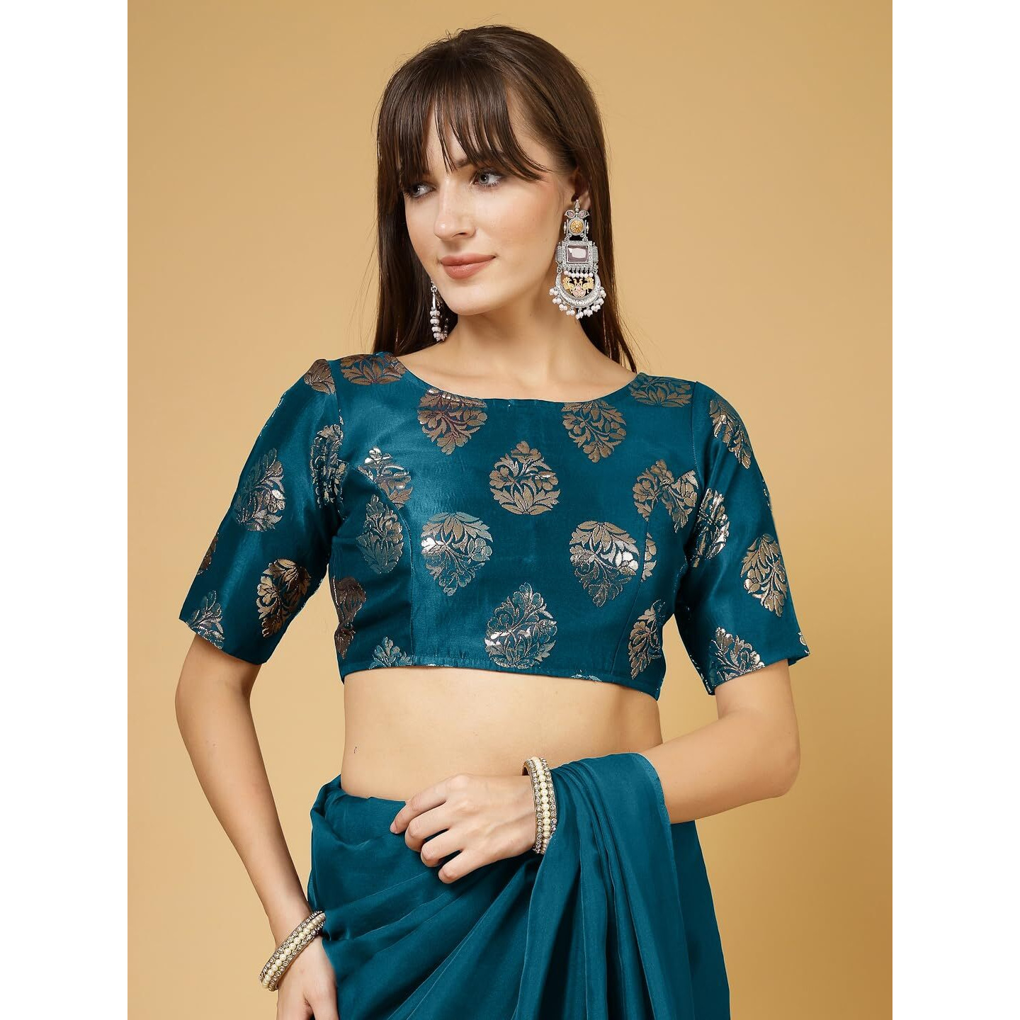 OOMPH Women's Indian Ethnic Wear Designer Big Paisley Pattern Zari Work Boat Neck Half Sleeve Teal Blue Color Brocade Readymade Blouse for Saree or Lehnga and Fusion Twist. XL