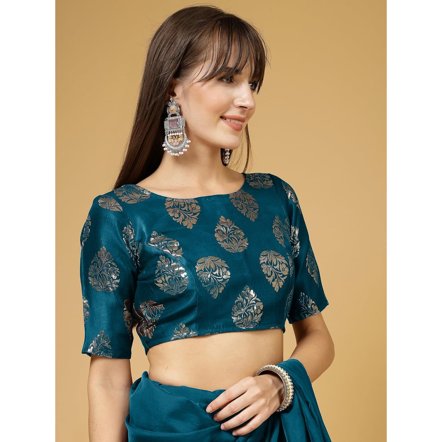 OOMPH Women's Indian Ethnic Wear Designer Big Paisley Pattern Zari Work Boat Neck Half Sleeve Teal Blue Color Brocade Readymade Blouse for Saree or Lehnga and Fusion Twist. XL