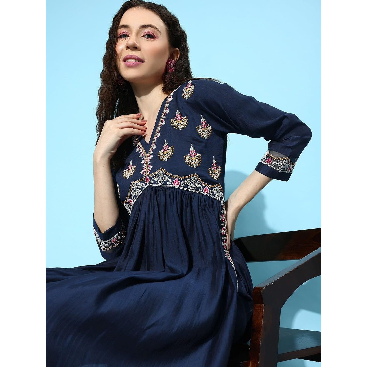 SheWill Women's Navy Blue Embroidered V-Neck Cotton Blend Flared Hem Alia Cut Kurta with Trousers | Navratri Kurta Set