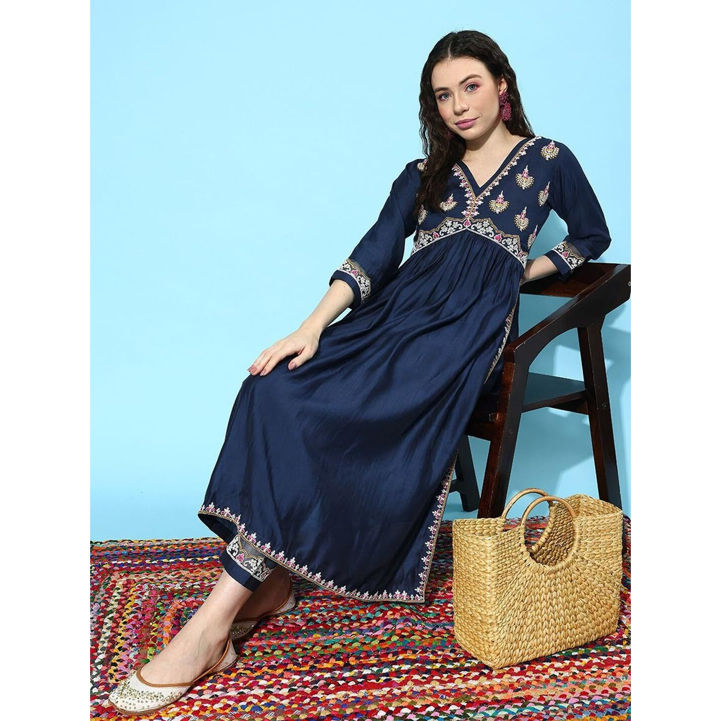 SheWill Women's Navy Blue Embroidered V-Neck Cotton Blend Flared Hem Alia Cut Kurta with Trousers | Navratri Kurta Set