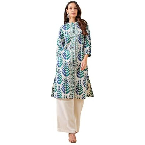 NAINVISH Women's Ethnic Motifs Print Straight Cotton Blend Round Neck Kurta (SD665_K-M_White)