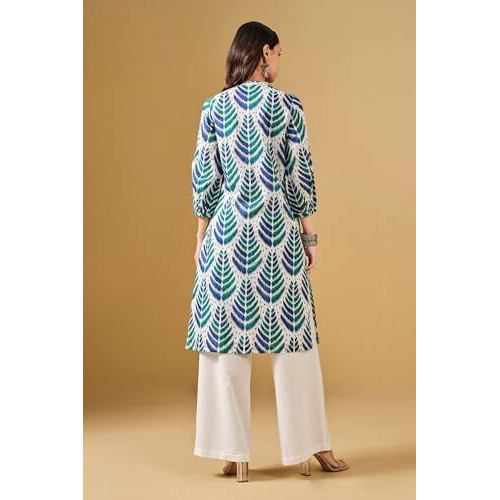 NAINVISH Women's Ethnic Motifs Print Straight Cotton Blend Round Neck Kurta (SD665_K-M_White)