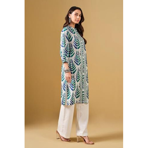 NAINVISH Women's Ethnic Motifs Print Straight Cotton Blend Round Neck Kurta (SD665_K-M_White)