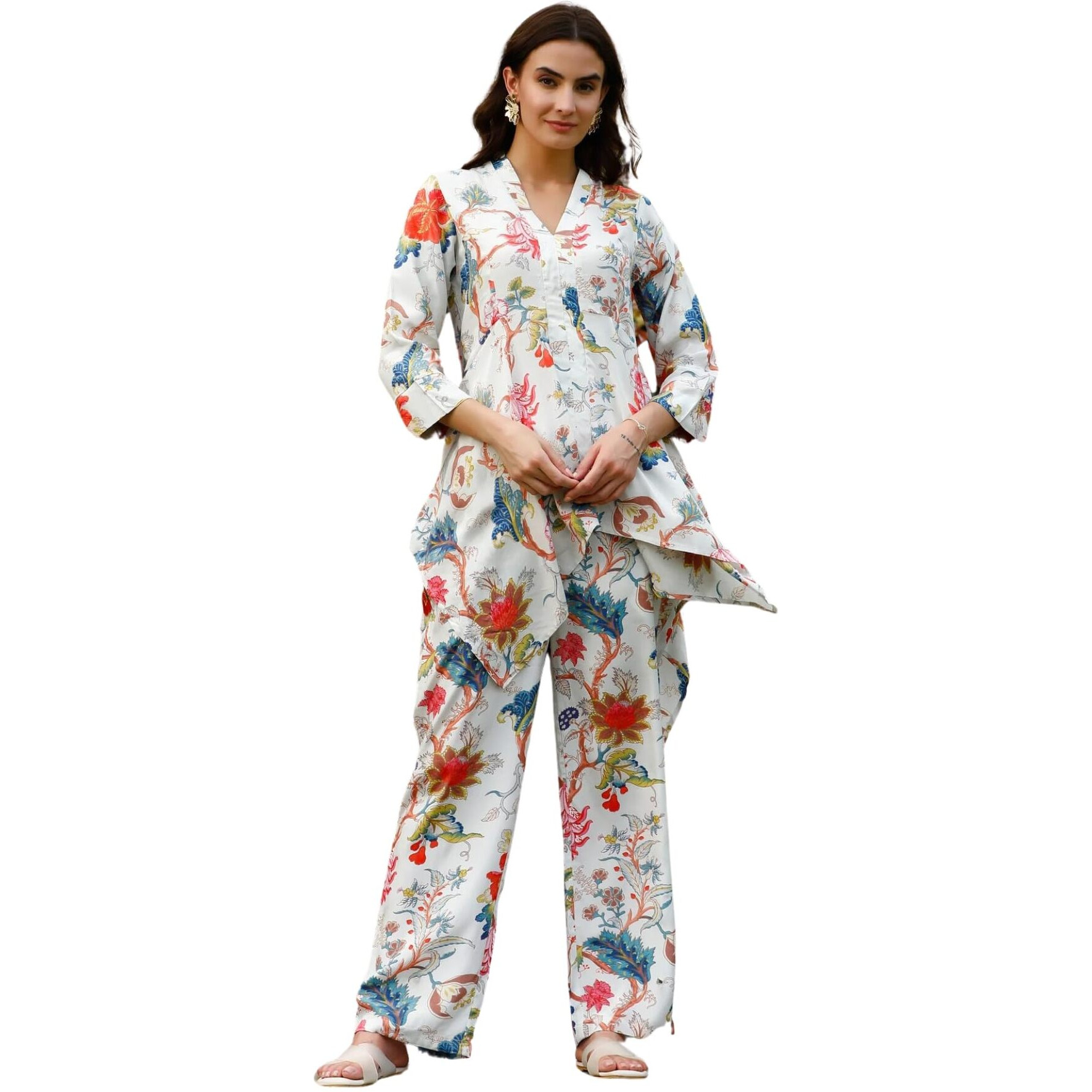 Leriya Fashion Women Ethnic Kurta Set | Rayon Co-Ord Set | Fancy Pajama Set | Pack of 2 | Floral Printed Top & Pant Set | Full Pair Set | A-line Kurta Set for Women (Large, White)