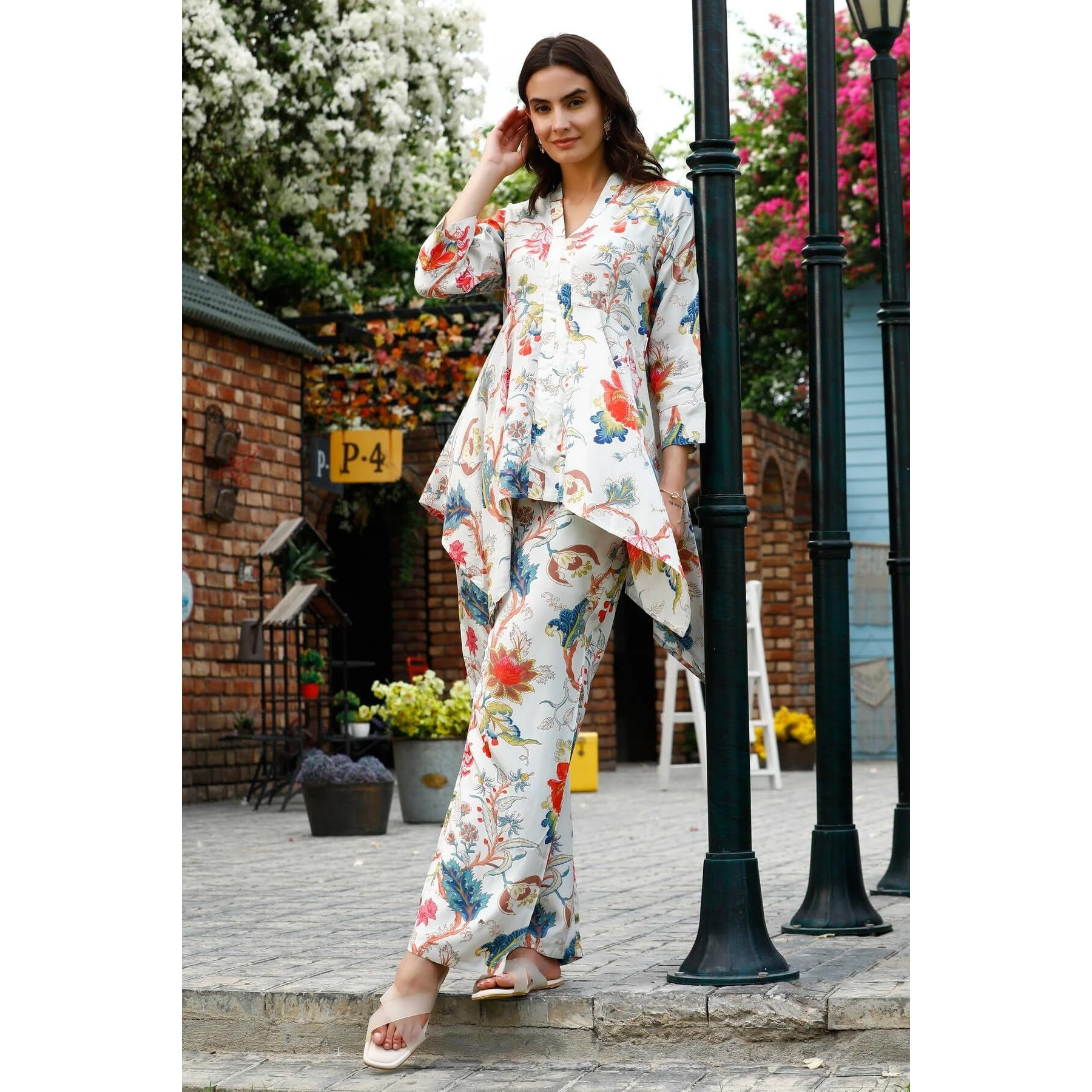 Leriya Fashion Women Ethnic Kurta Set | Rayon Co-Ord Set | Fancy Pajama Set | Pack of 2 | Floral Printed Top & Pant Set | Full Pair Set | A-line Kurta Set for Women (Large, White)