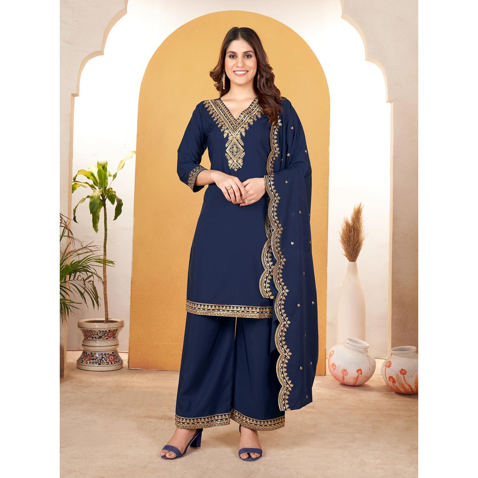 Granthva Fab Kurta Set for Women Silk Embroidered Straight Kurta Set for Women with Palazzos and Dupatta (GF-6171-M_Blue)