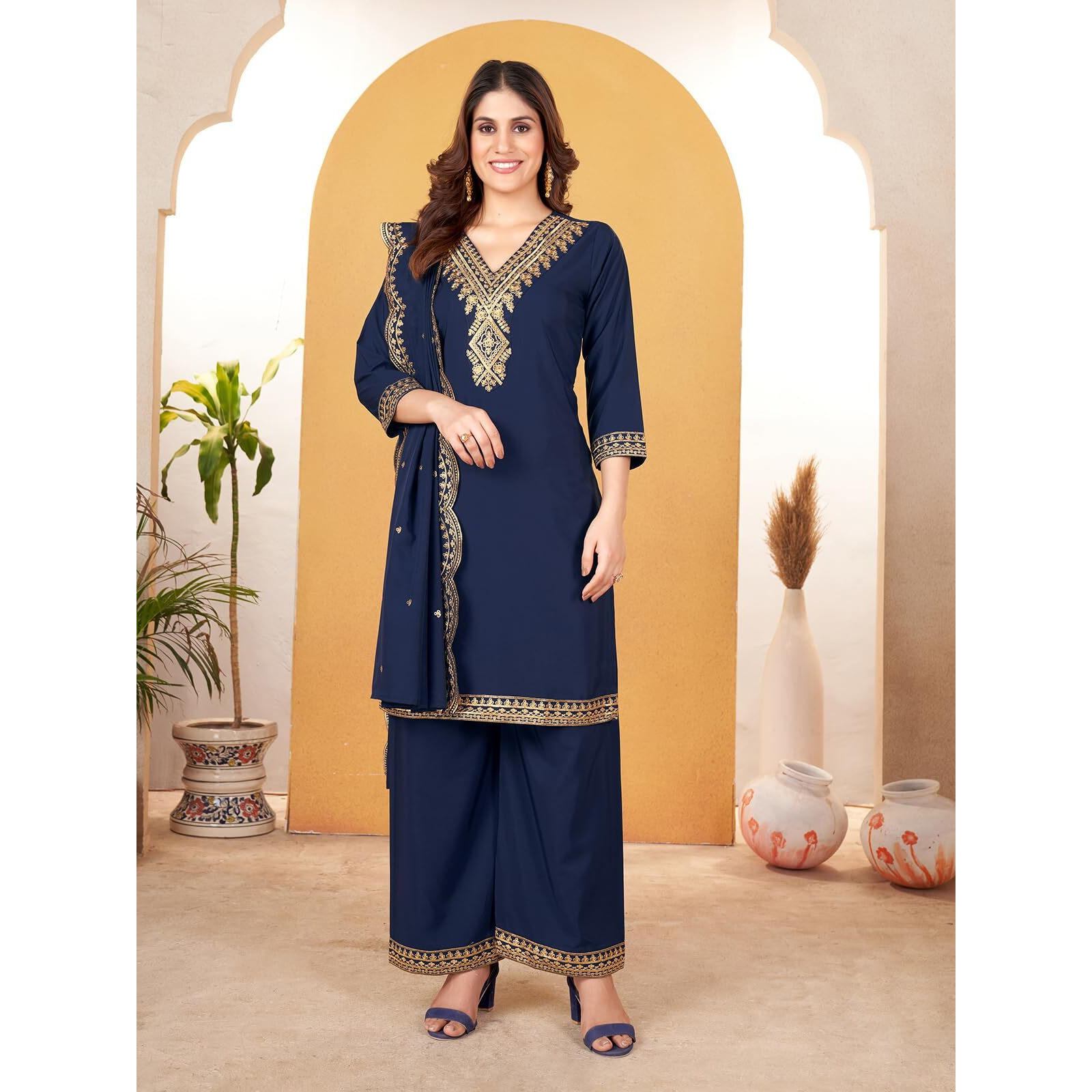 Granthva Fab Kurta Set for Women Silk Embroidered Straight Kurta Set for Women with Palazzos and Dupatta (GF-6171-M_Blue)