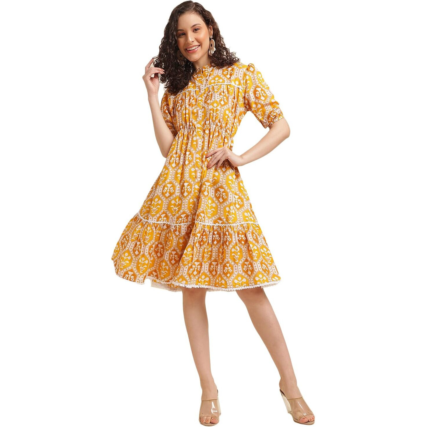 NAINVISH Women's Cotton Blend Mandarin Neck Regular Flared Printed Kurta (SD506_K-M_Yellow)