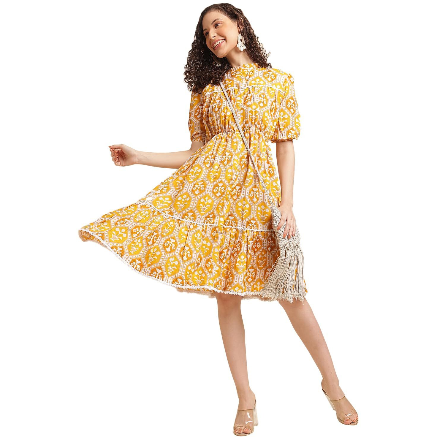 NAINVISH Women's Cotton Blend Mandarin Neck Regular Flared Printed Kurta (SD506_K-M_Yellow)