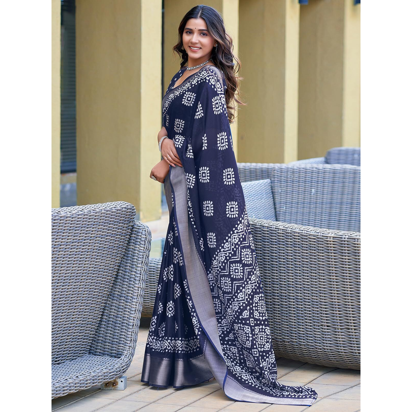Satrani Women's Cotton Blend Printed Weaving Border Saree with Unstitched Blouse Piece (4029S171N_Navy Blue)