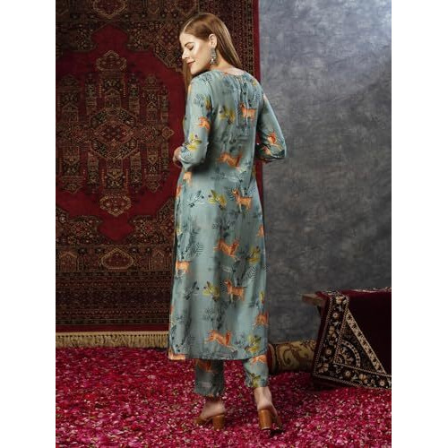 ANNI DESIGNER Women's Cotton Blend Straight Printed Kurta with Pant (Haribala Pista_M_Pista_Medium)