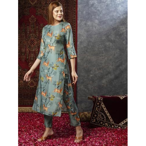 ANNI DESIGNER Women's Cotton Blend Straight Printed Kurta with Pant (Haribala Pista_M_Pista_Medium)