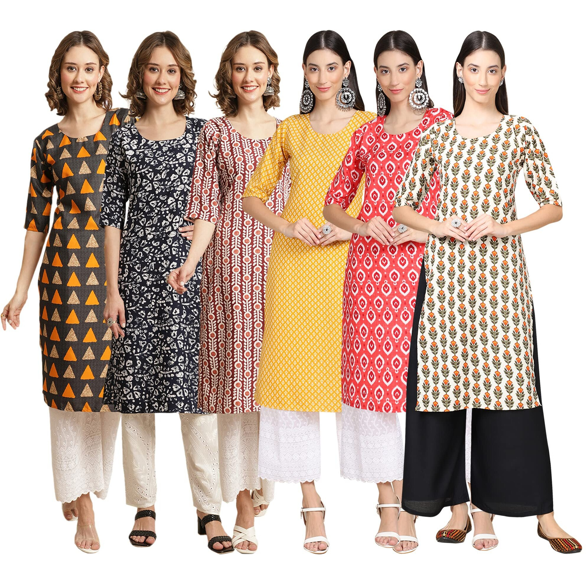 Pinkmint Women's Crepe Digital Print Straight Kurta [Pack of 6](CR-387-388-389-350-346-352-S)