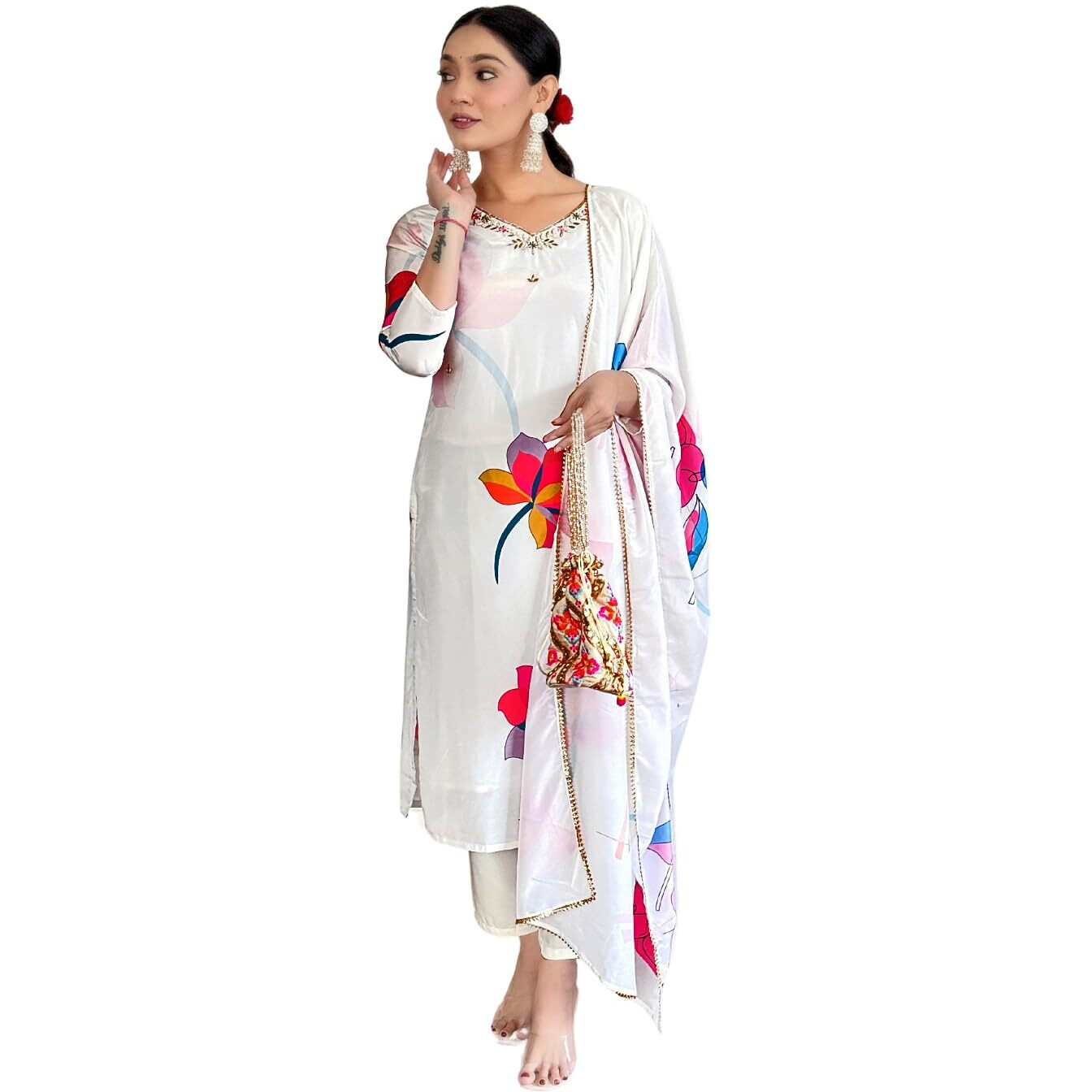 Naixa Women's White French Crep with Lining Embroidered and Printed Straight Kurta with Rayon Pant and French Crepe Printed Dupatta Sets (NX-583-White-3XL)