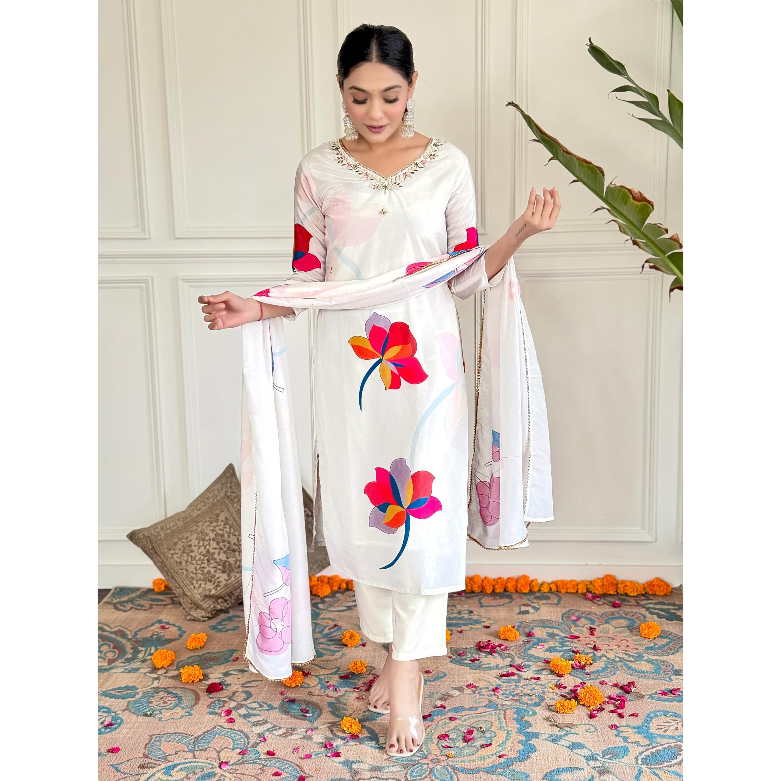 Naixa Women's White French Crep with Lining Embroidered and Printed Straight Kurta with Rayon Pant and French Crepe Printed Dupatta Sets (NX-583-White-3XL)