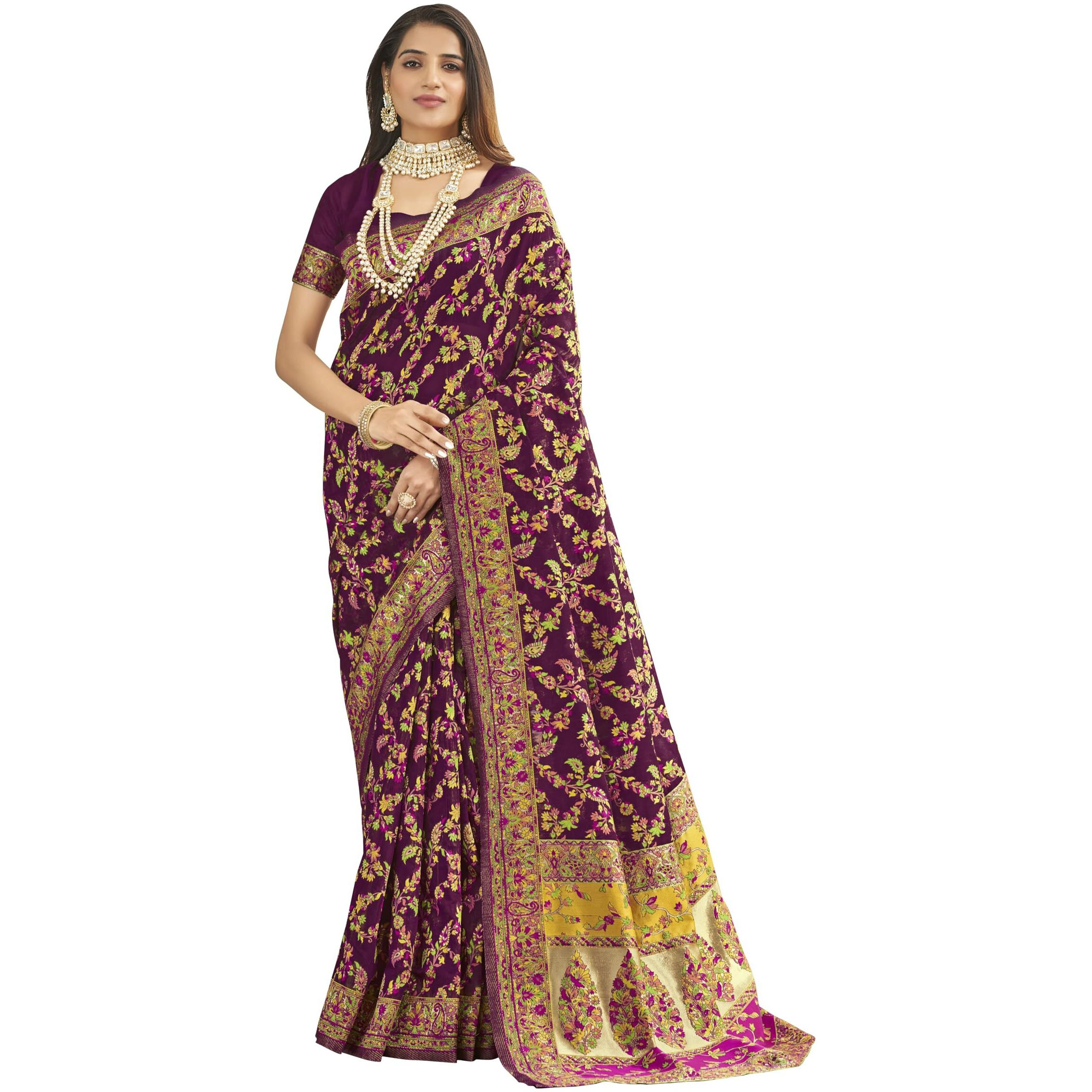 Glory Sarees Women's Kashmiri Pashmina Silk Woven Saree With Blouse Piece (Heritage_Silk111_Wine)