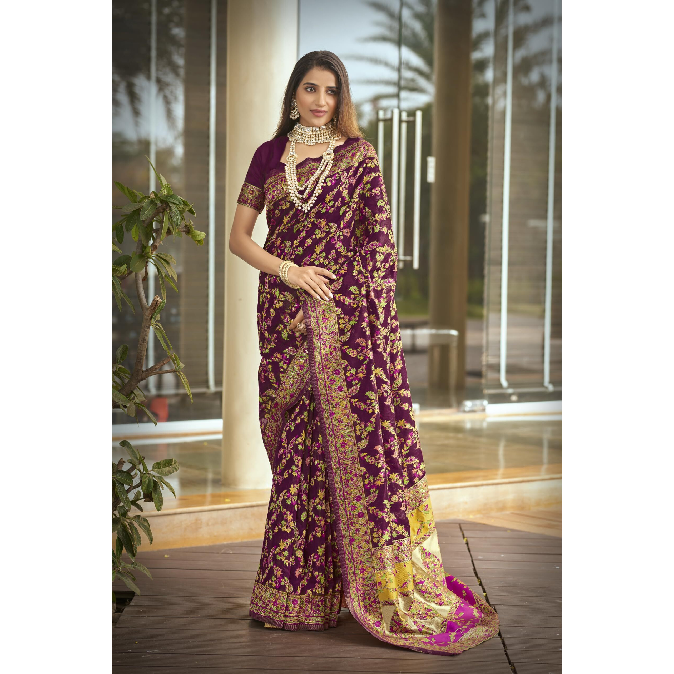 Glory Sarees Women's Kashmiri Pashmina Silk Woven Saree With Blouse Piece (Heritage_Silk111_Wine)