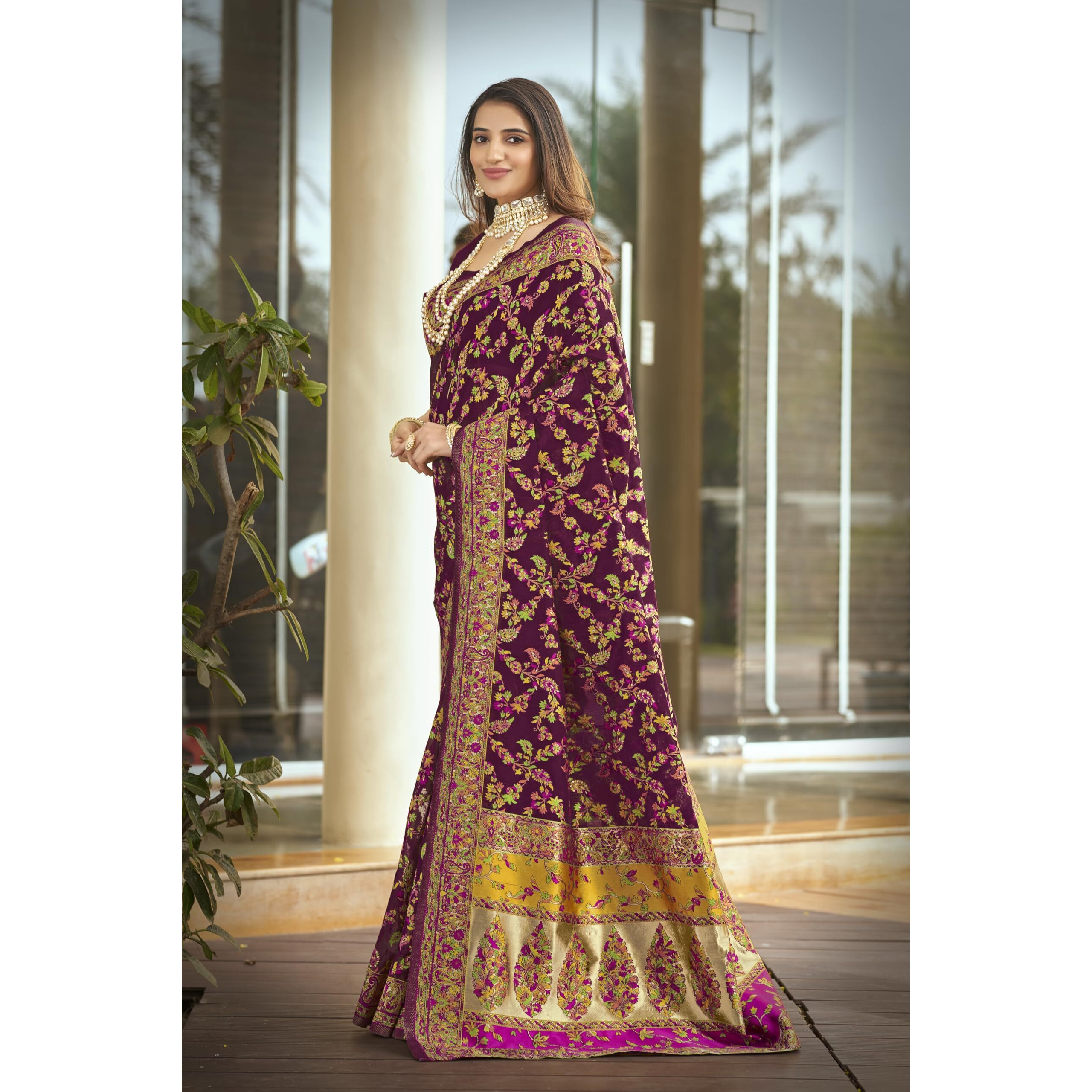 Glory Sarees Women's Kashmiri Pashmina Silk Woven Saree With Blouse Piece (Heritage_Silk111_Wine)