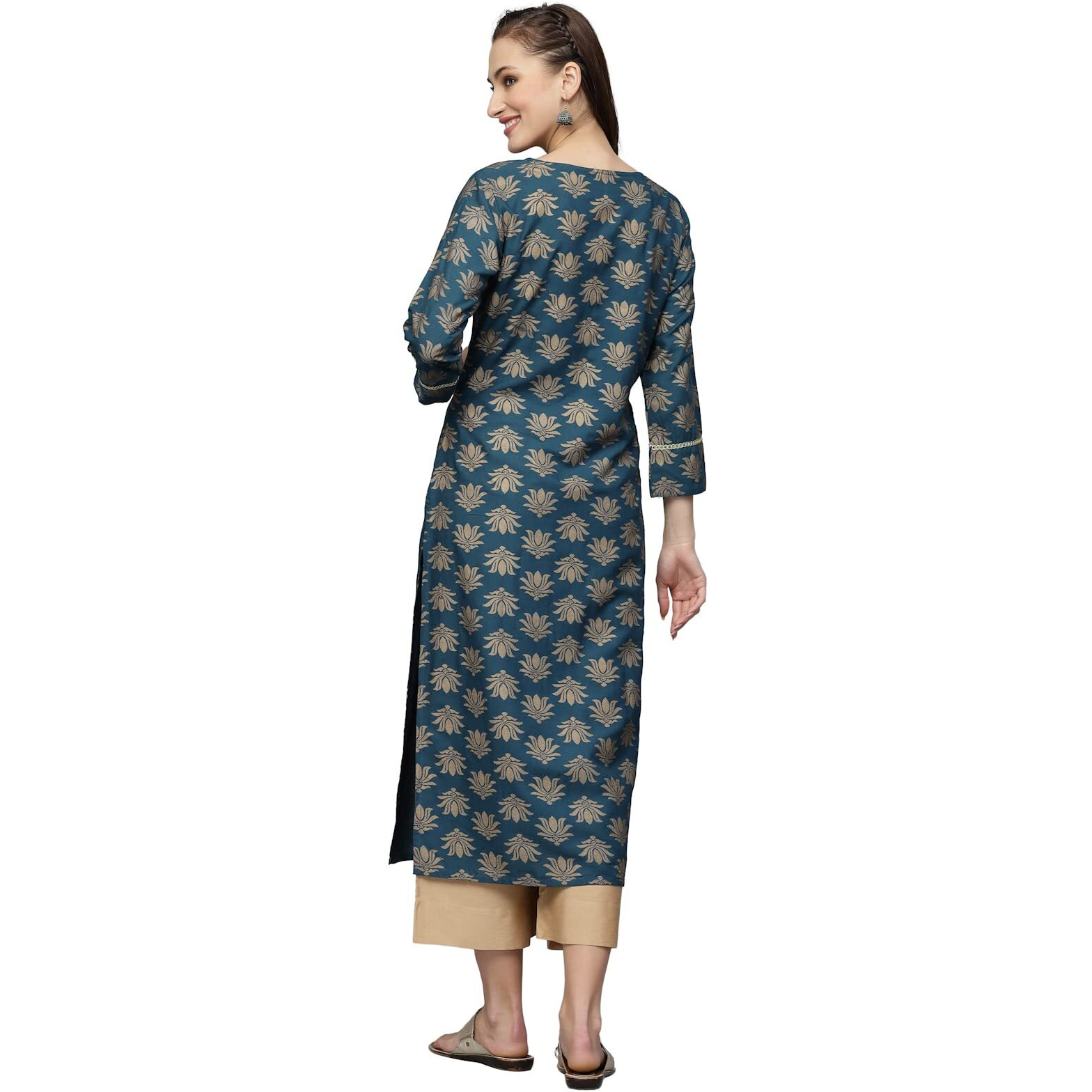 Stylum Women's Gold Printed Rayon Straight Kurta (TORUTEAL36_Teal Blue, S)