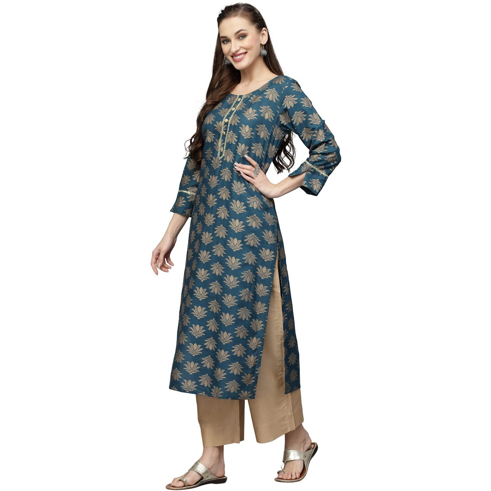 Stylum Women's Gold Printed Rayon Straight Kurta (TORUTEAL36_Teal Blue, S)
