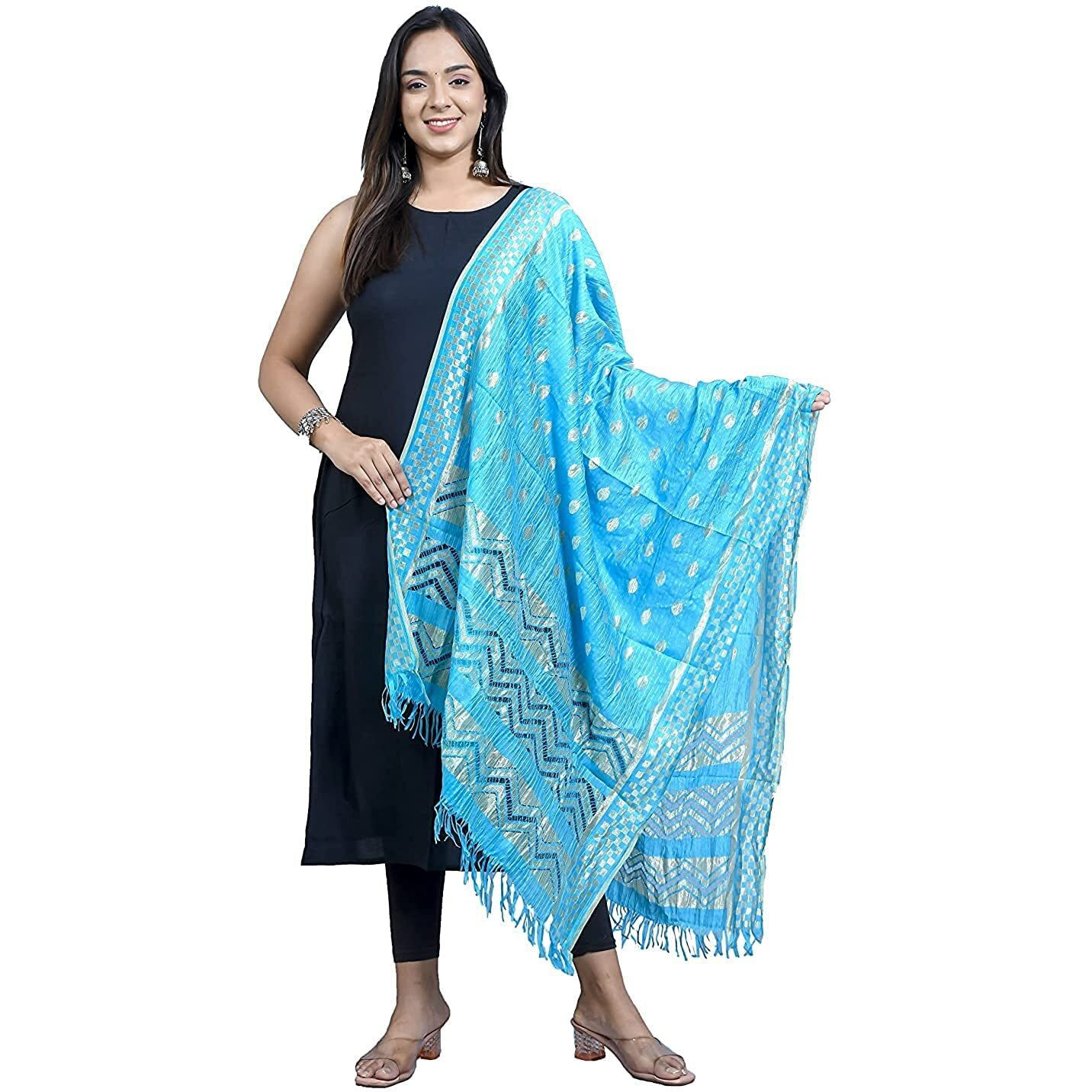 KEMZA Women's Zari Work Batik Surface Soft Silk Dupatta (Sky Blue)
