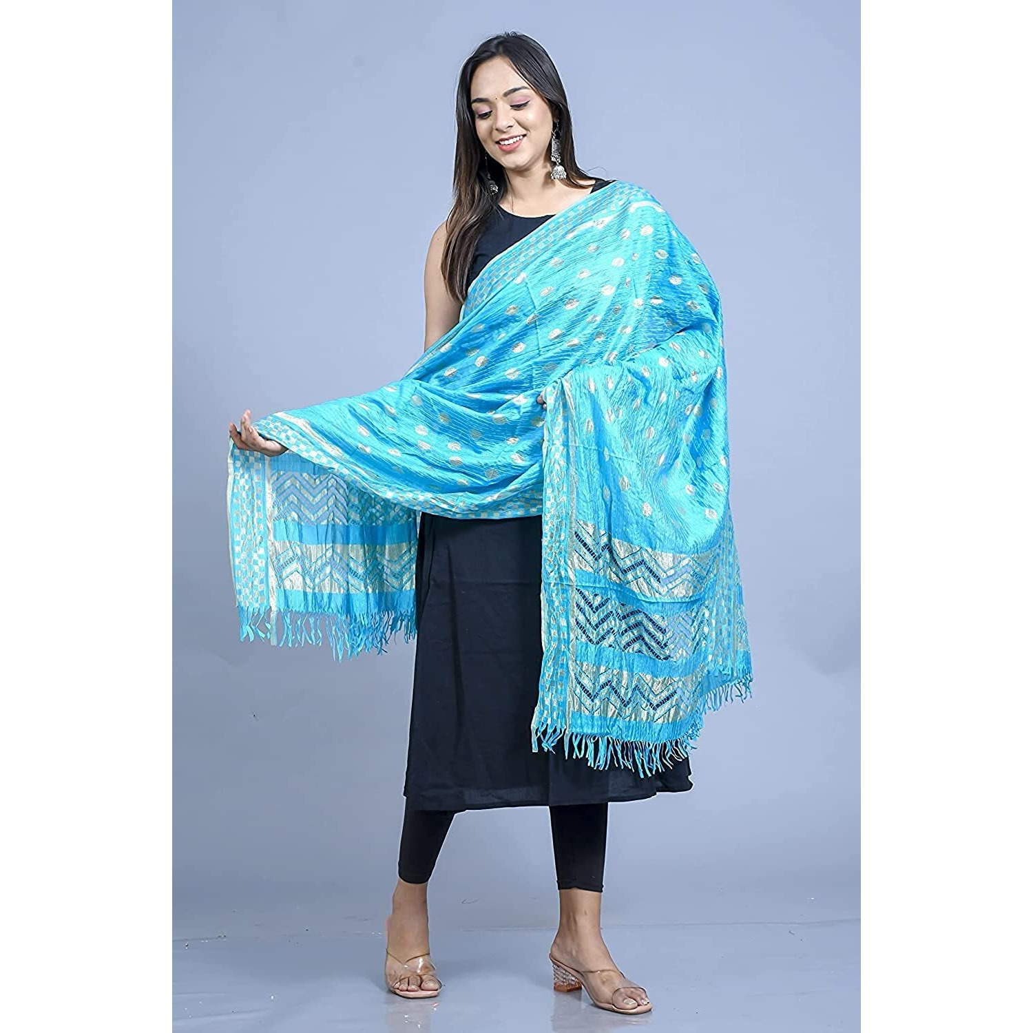 KEMZA Women's Zari Work Batik Surface Soft Silk Dupatta (Sky Blue)
