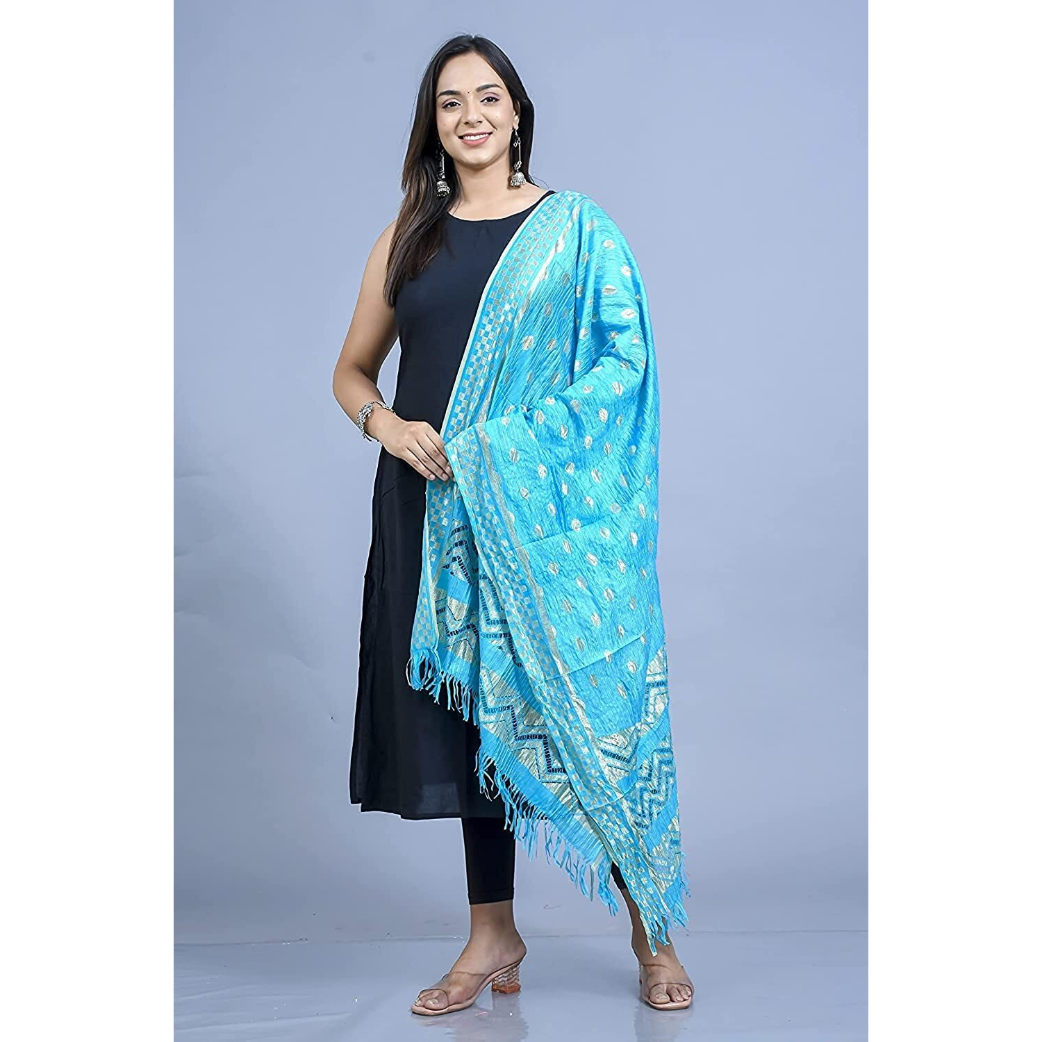 KEMZA Women's Zari Work Batik Surface Soft Silk Dupatta (Sky Blue)