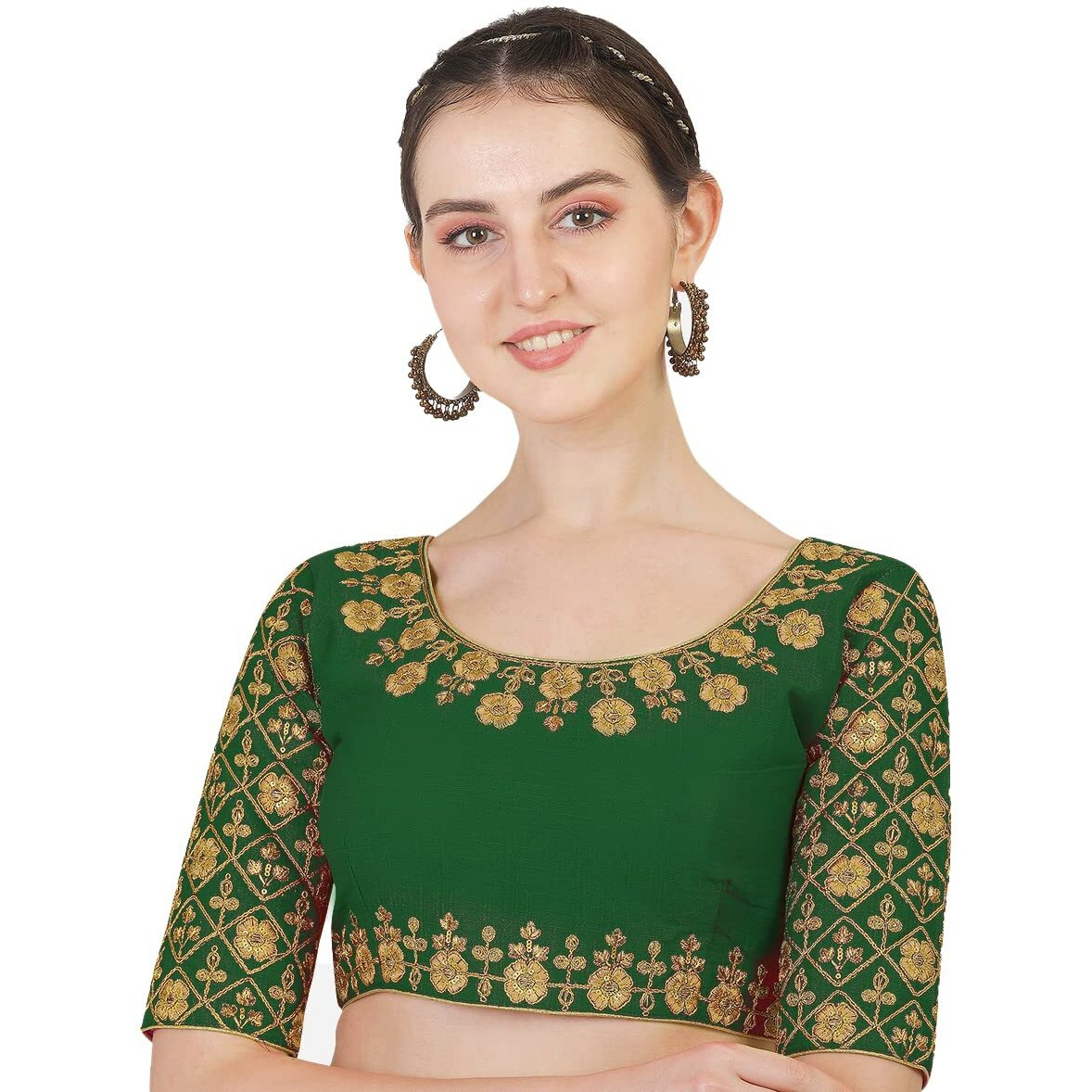 Pujia Mills Women's Phantom Silk Floral Half Sleeve Saree Blouse (MBB_green_36 Size+Margin)