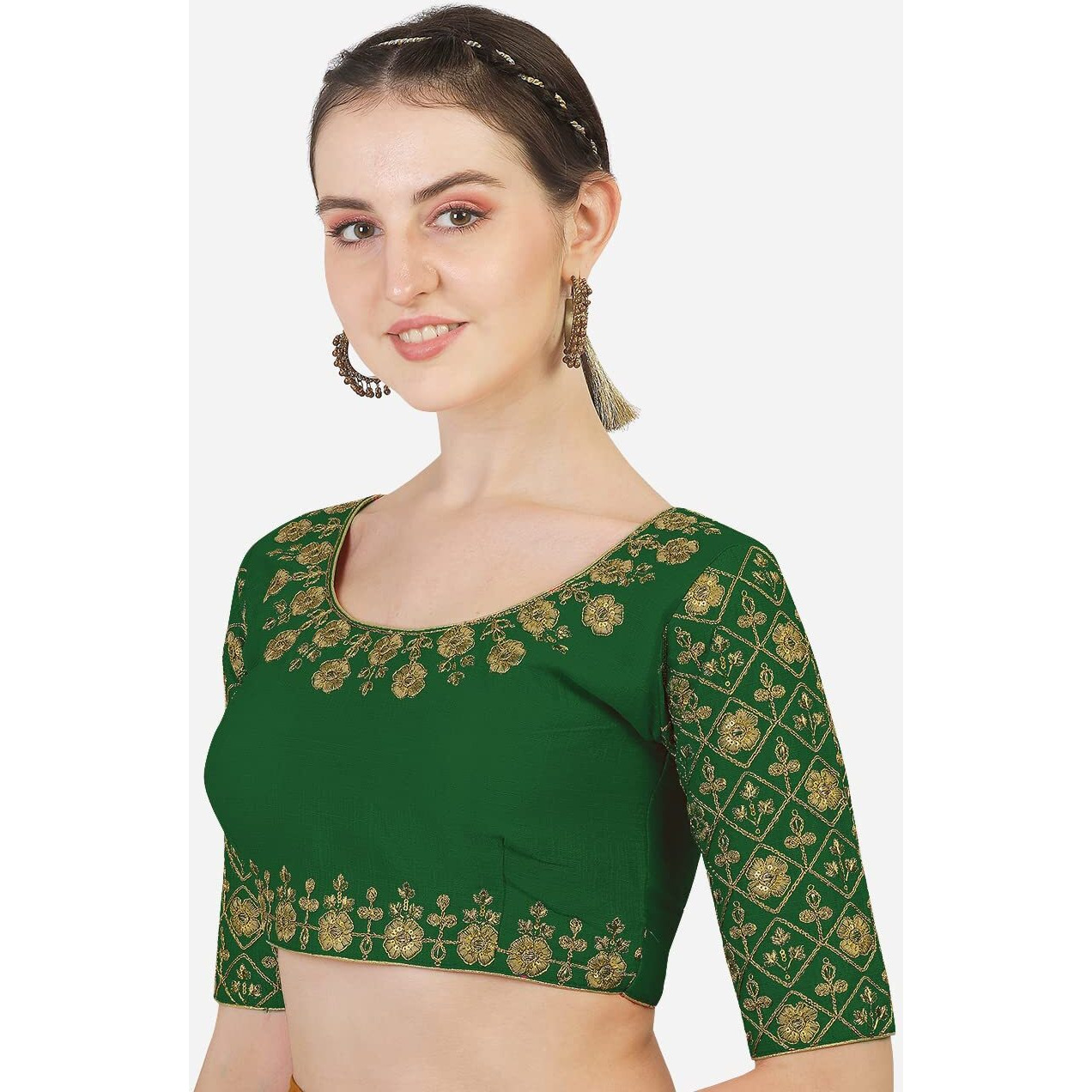 Pujia Mills Women's Phantom Silk Floral Half Sleeve Saree Blouse (MBB_green_36 Size+Margin)