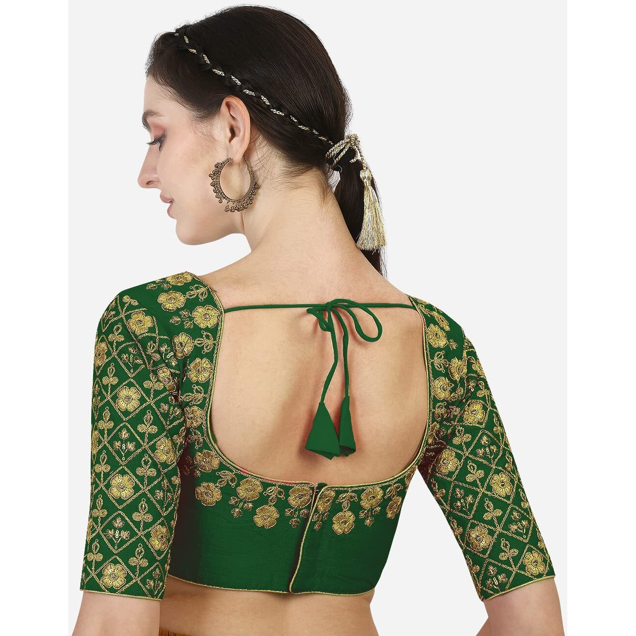 Pujia Mills Women's Phantom Silk Floral Half Sleeve Saree Blouse (MBB_green_36 Size+Margin)
