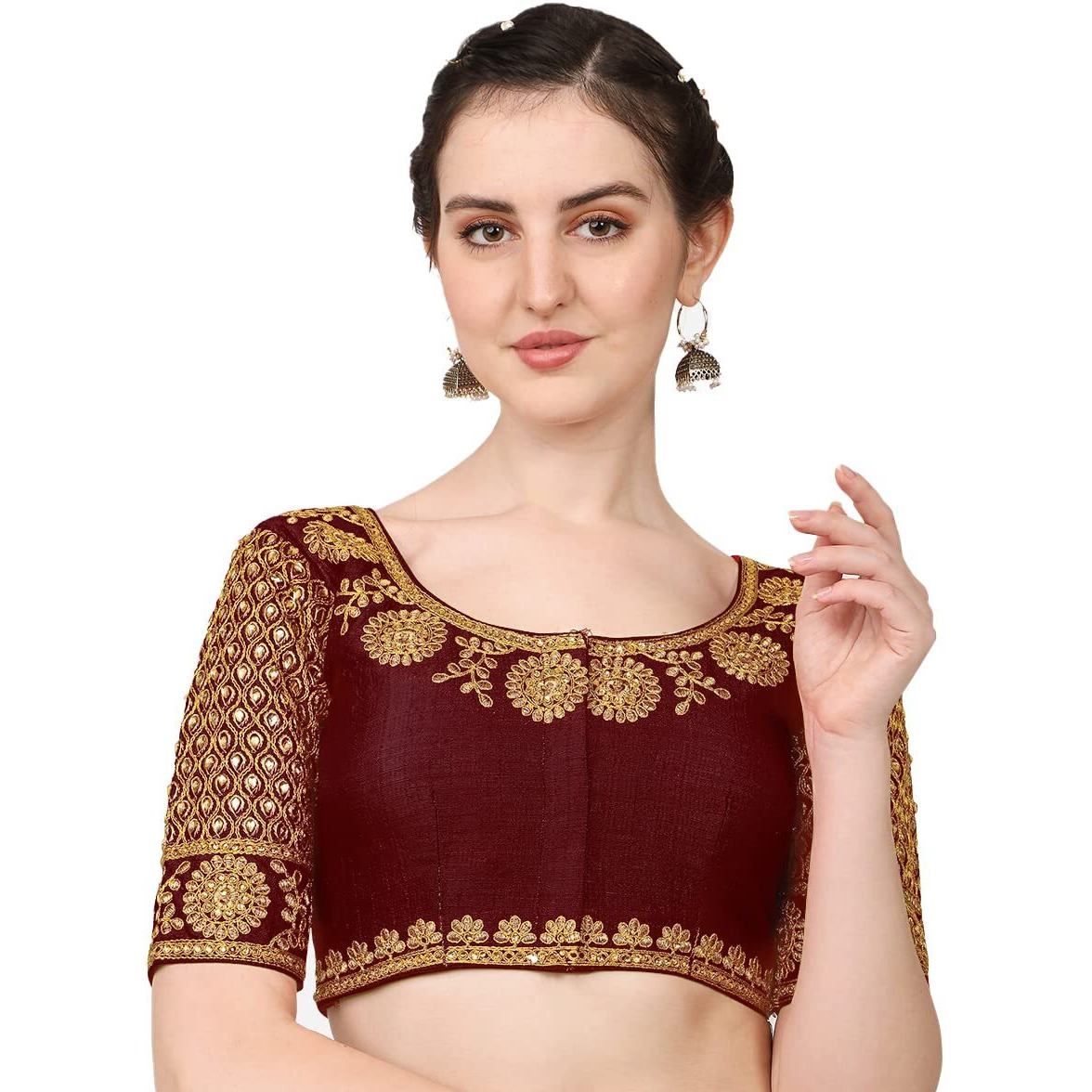 Vihu Fashion Women's Multicolor Heavy Hand Morpankh Sleeves Embroidery Thread Stone Work Phantom Silk Readymade Blouse for Saree and Lehenga Choli (Maroon, 38)