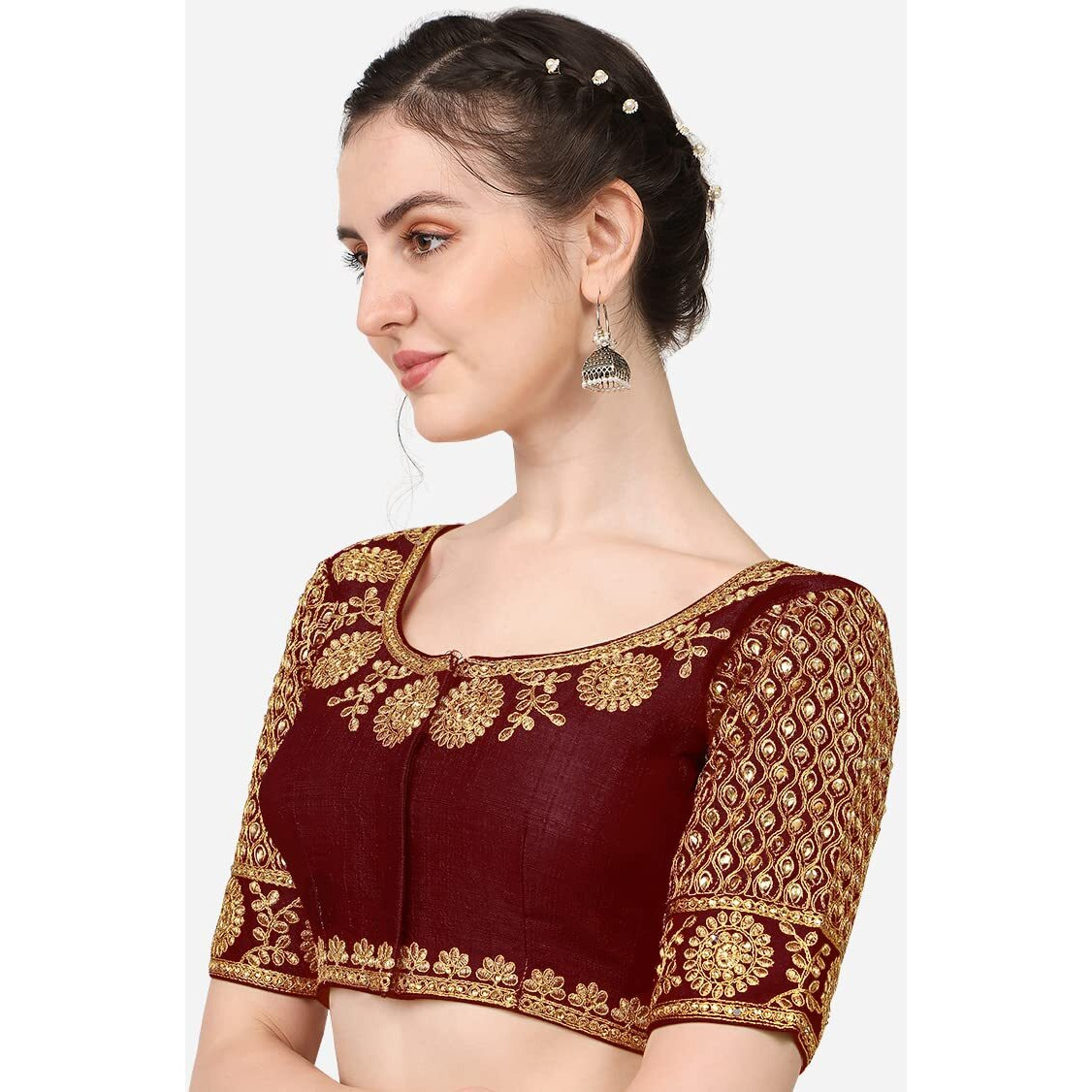 Vihu Fashion Women's Multicolor Heavy Hand Morpankh Sleeves Embroidery Thread Stone Work Phantom Silk Readymade Blouse for Saree and Lehenga Choli (Maroon, 38)