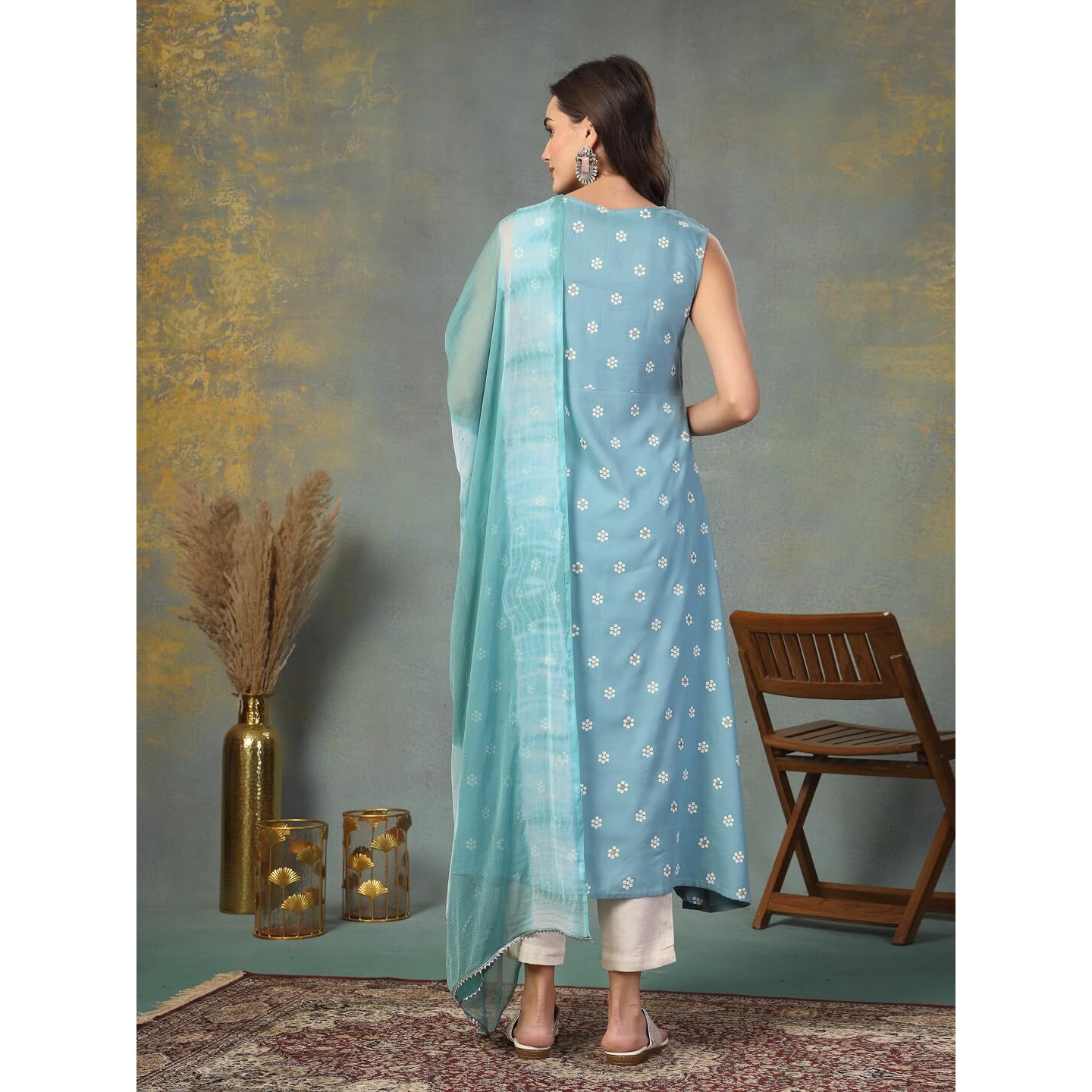 Stylum Women's Floral Printed & Embroidered Rayon A-Line Kurta Dupatta Set (KDSKYRASNA38_Sky Blue, M)