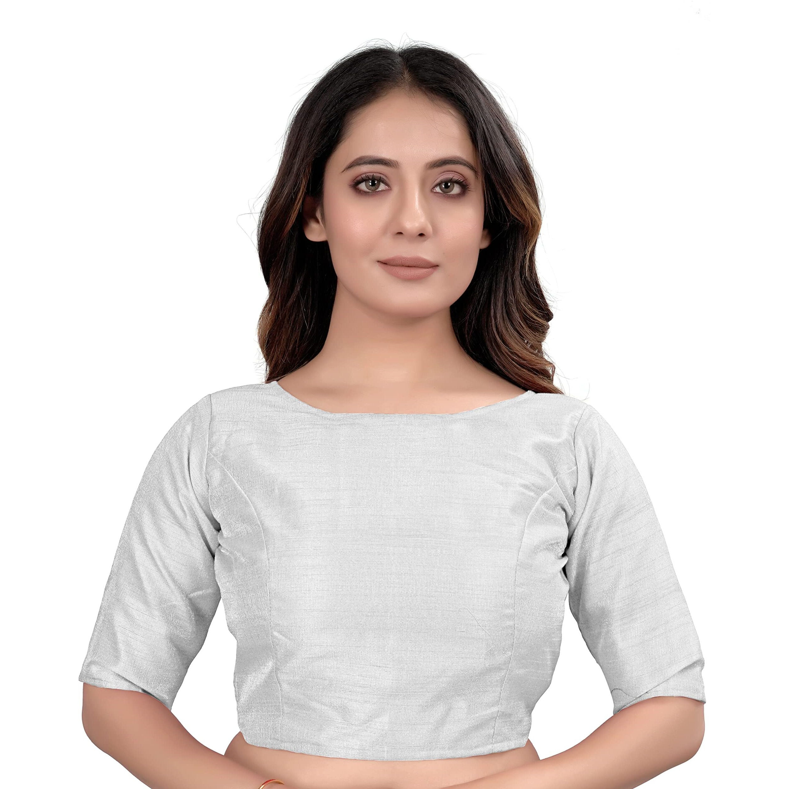 Vihu Fashion Women's Slub Silk Boat Neck with Elbow Length Sleeve Plain Fancy Blouse(Slub White_M)